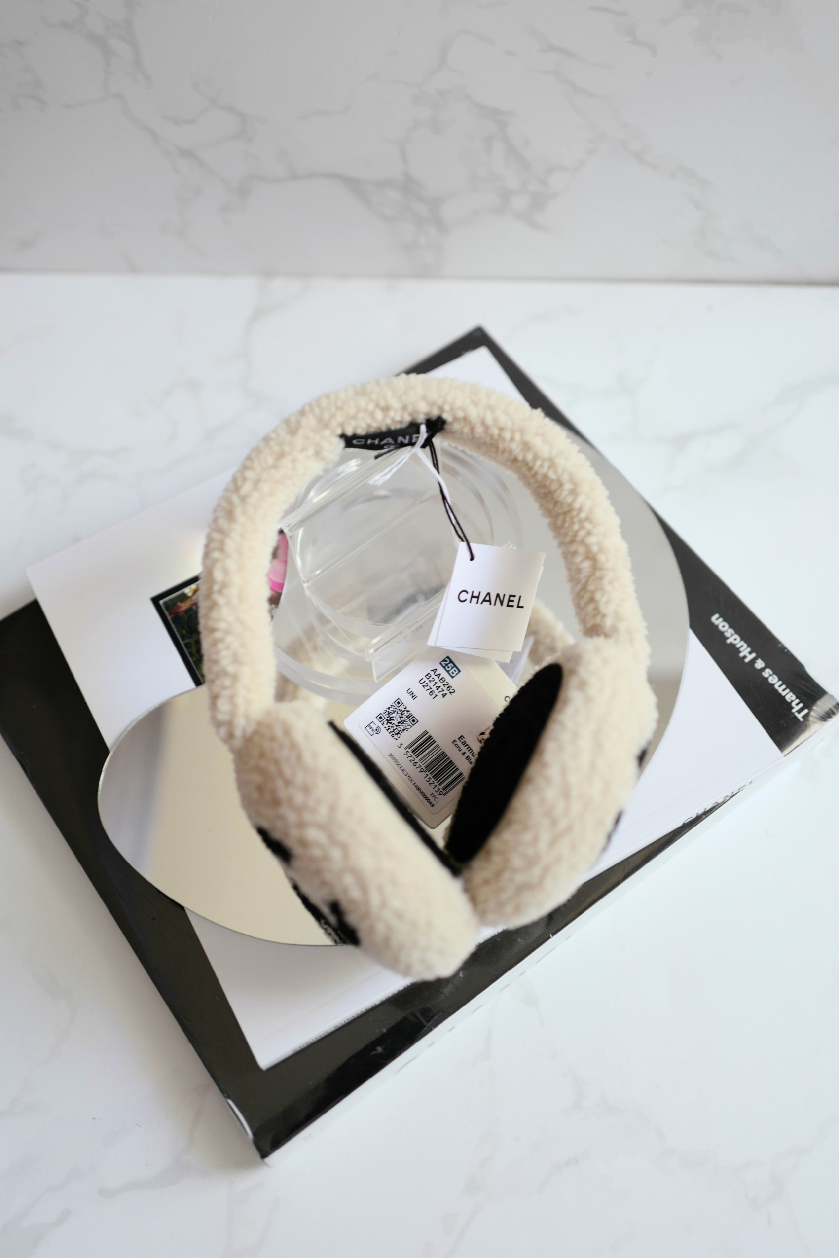 BNIB Chanel CC Earmuffs in Shearling Wool Ecru/Black