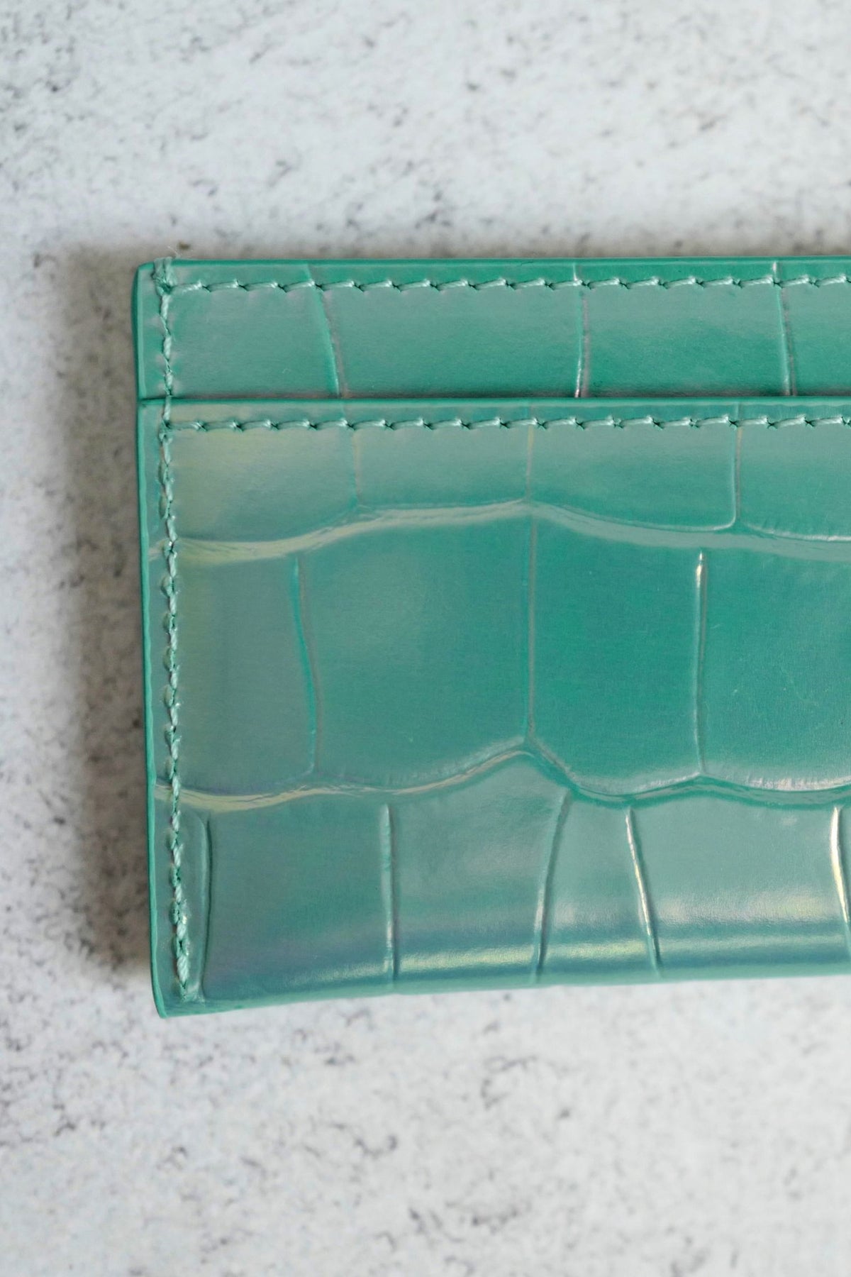 New Chanel 26K Matthieu Blazy's Card Holder Croc Embossed Iridescent Turquoise Green Calfskin GHW