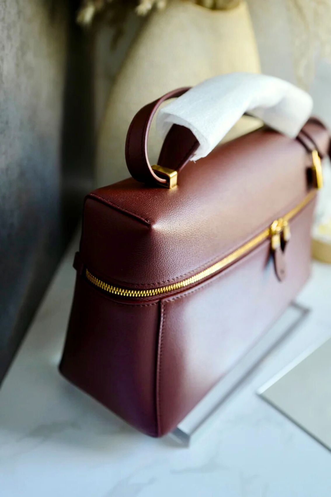 BNIB Loro Piana Extra Bag L27 Smoked Caramel In Grained Calfskin with Gold HW