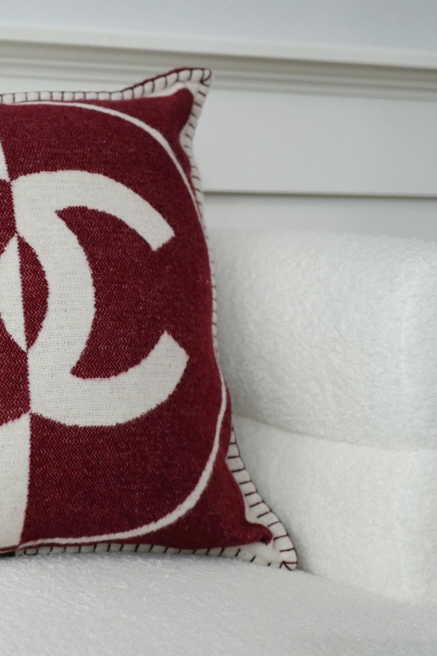 NEW Chanel CC Logo Pillow Burgundy White Wool Cashmere