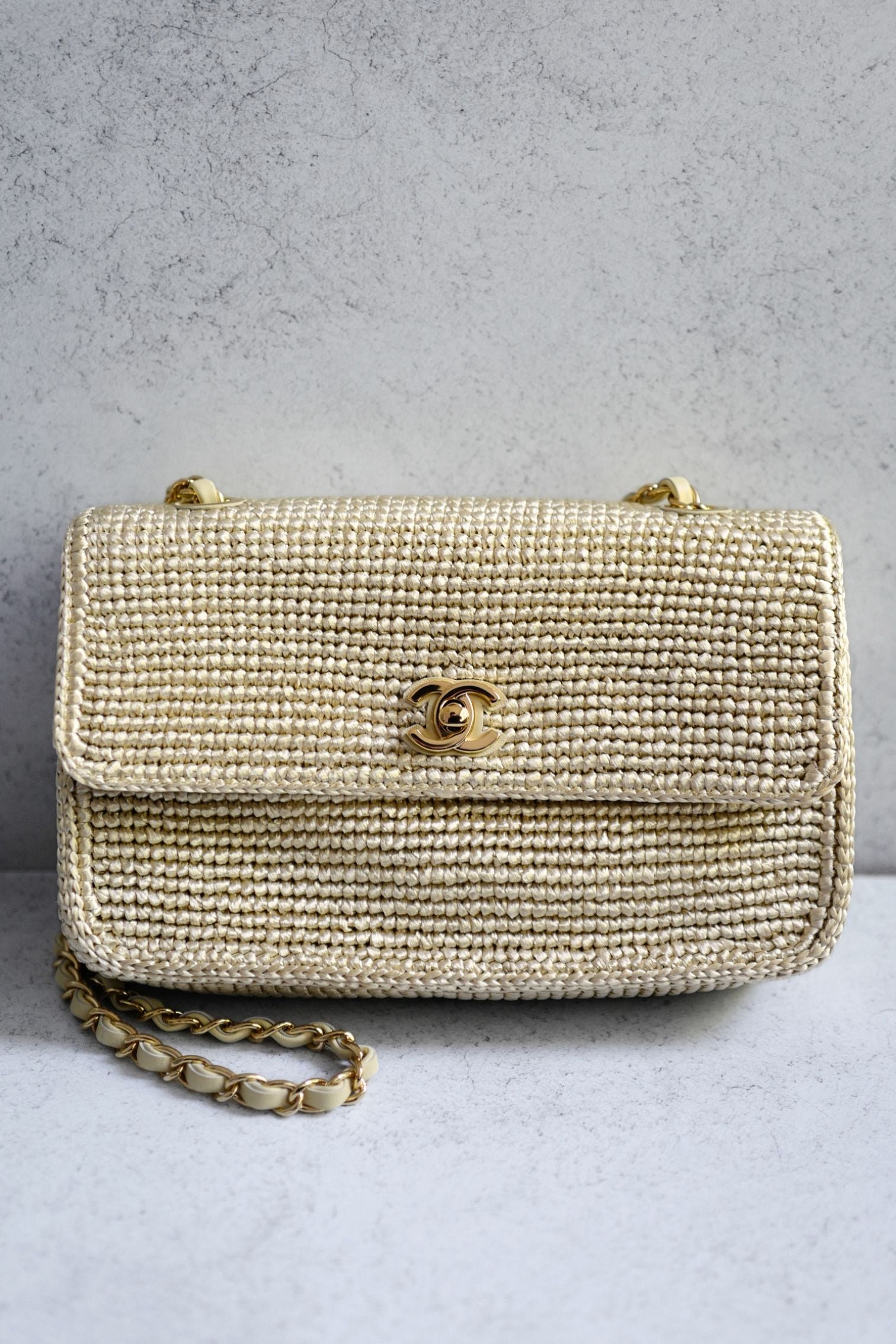 Chanel 26M Coco Beach Small Flap Bag Cream Braided Raffia Gold Hardware