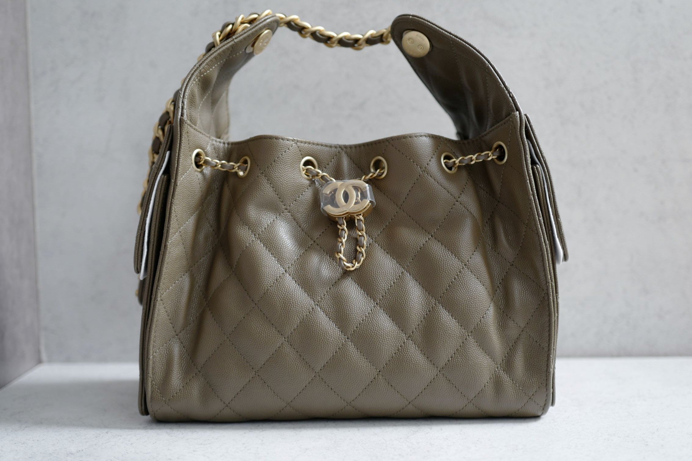 Chanel 26s Small Hobo Dark Khaki Grained Calfskin Gold Hardware
