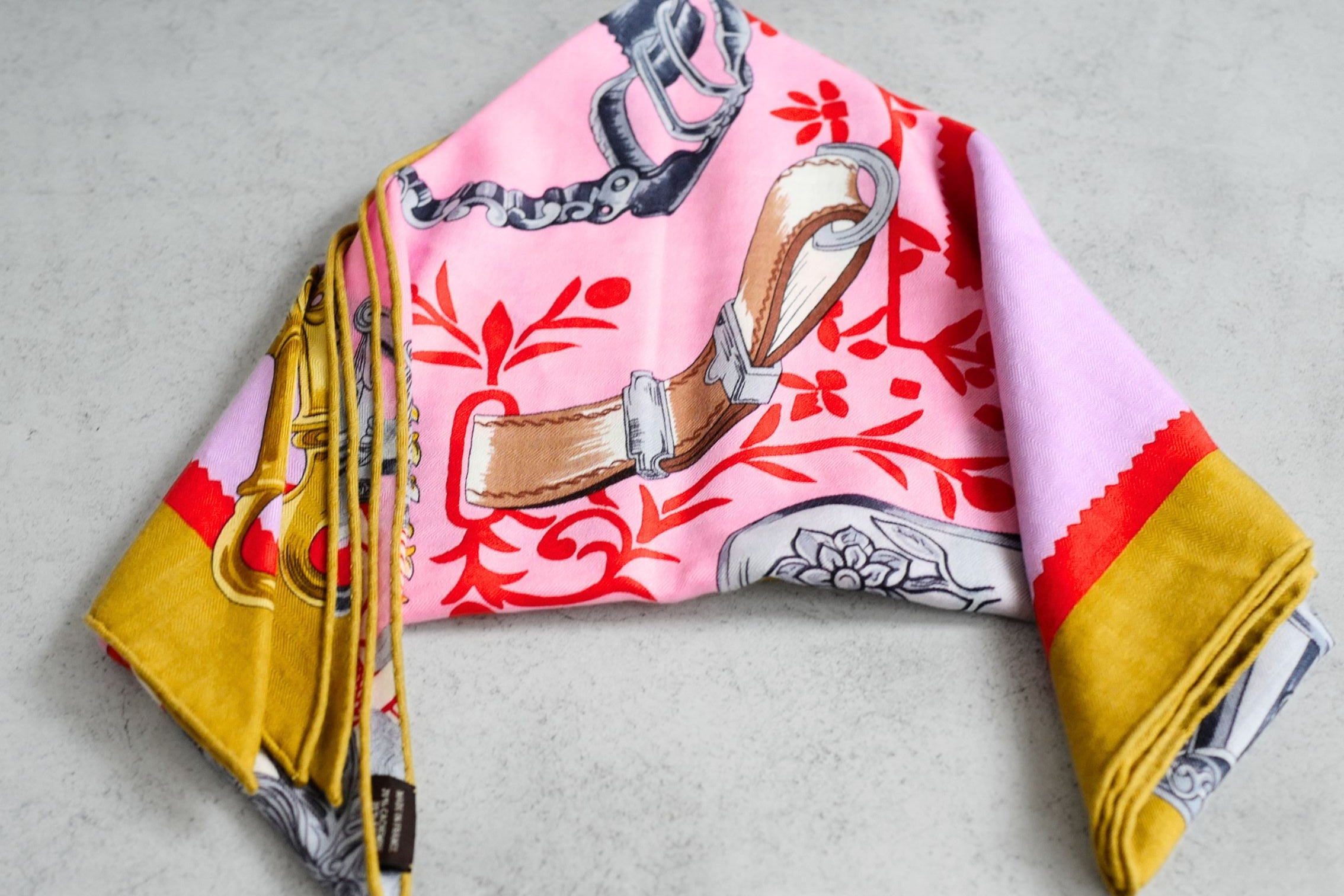 Hermès Etriers Triangle Scarf Pink Multicolor Cashmere Silk