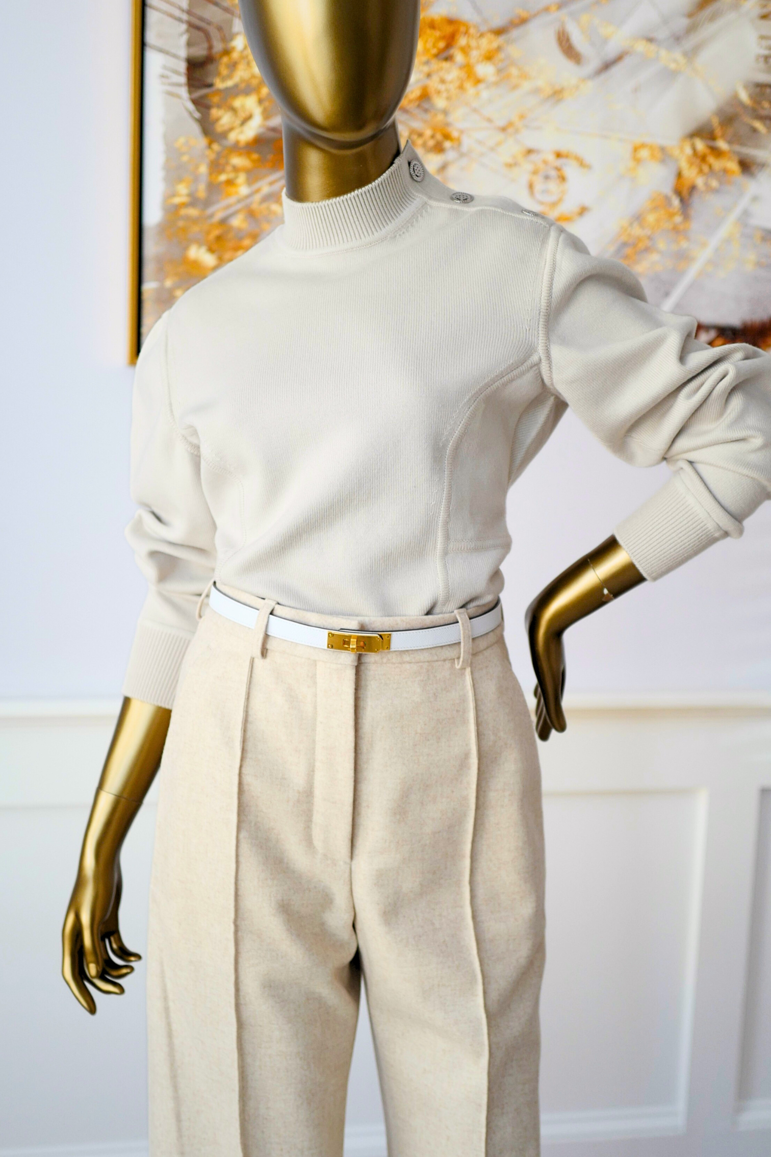 Hermès Sweater with Ferronnerie Button Details Jewel Knit Mock Neck Size 36 Beige Sable