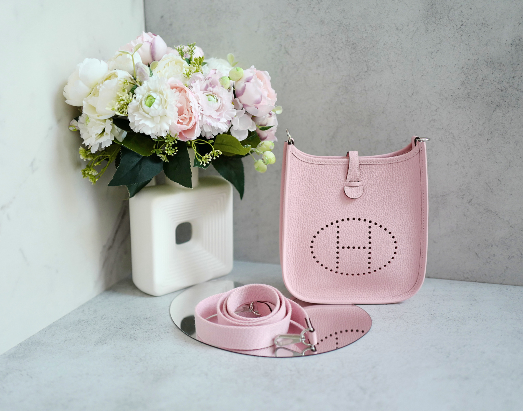 BNIB Hermès Mini Evelyne Bag Rose Sakura Clemence Leather Palladium Hardware
