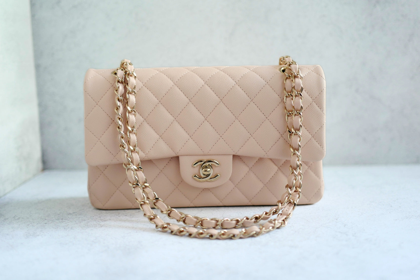 BNIB Chanel Medium Classic Double Flap Bag Beige Clair Grained Gold Hardware