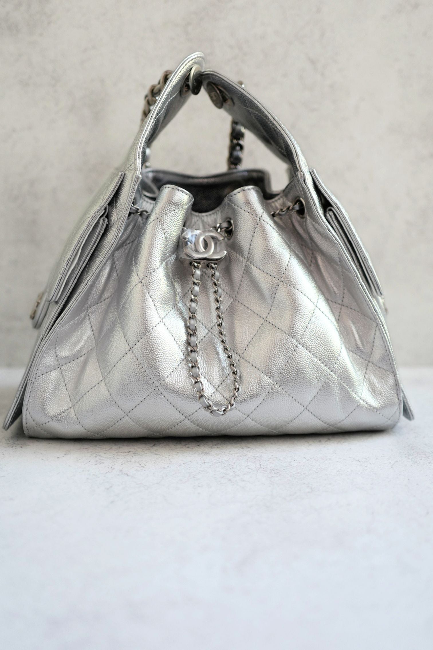 Chanel 26C Small Hobo Silver Metallic Grained Calfskin Silver Hardware