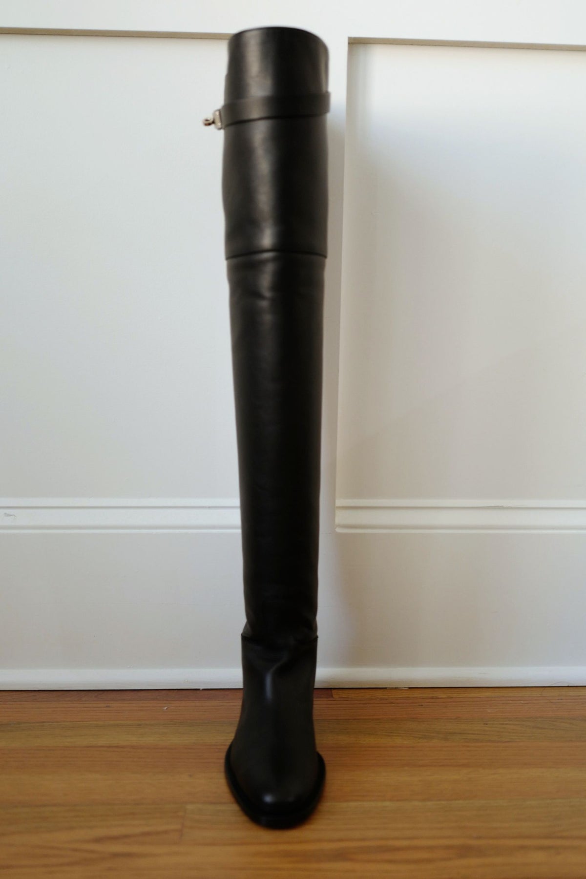 Hermes Thigh High Boots Noir Calfskin Palladium Kelly Buckle Size 38