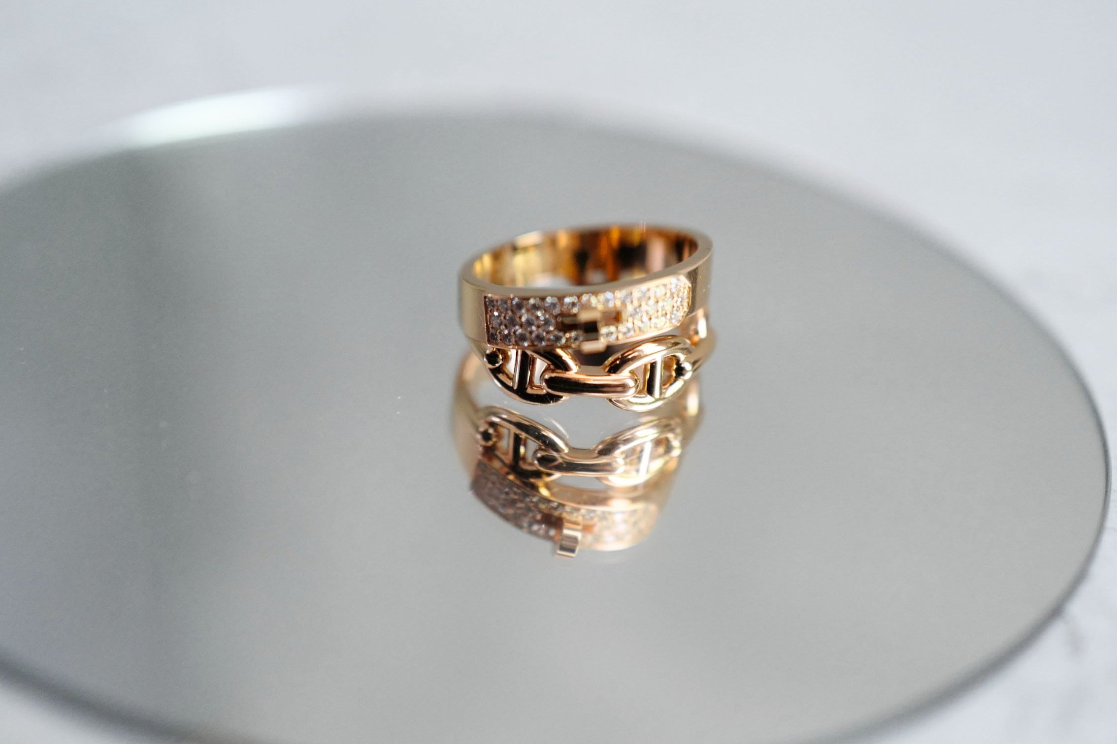 Hermès Kelly Alchimie Double Tour Ring 18K Rose Gold 32 Diamonds Size 53