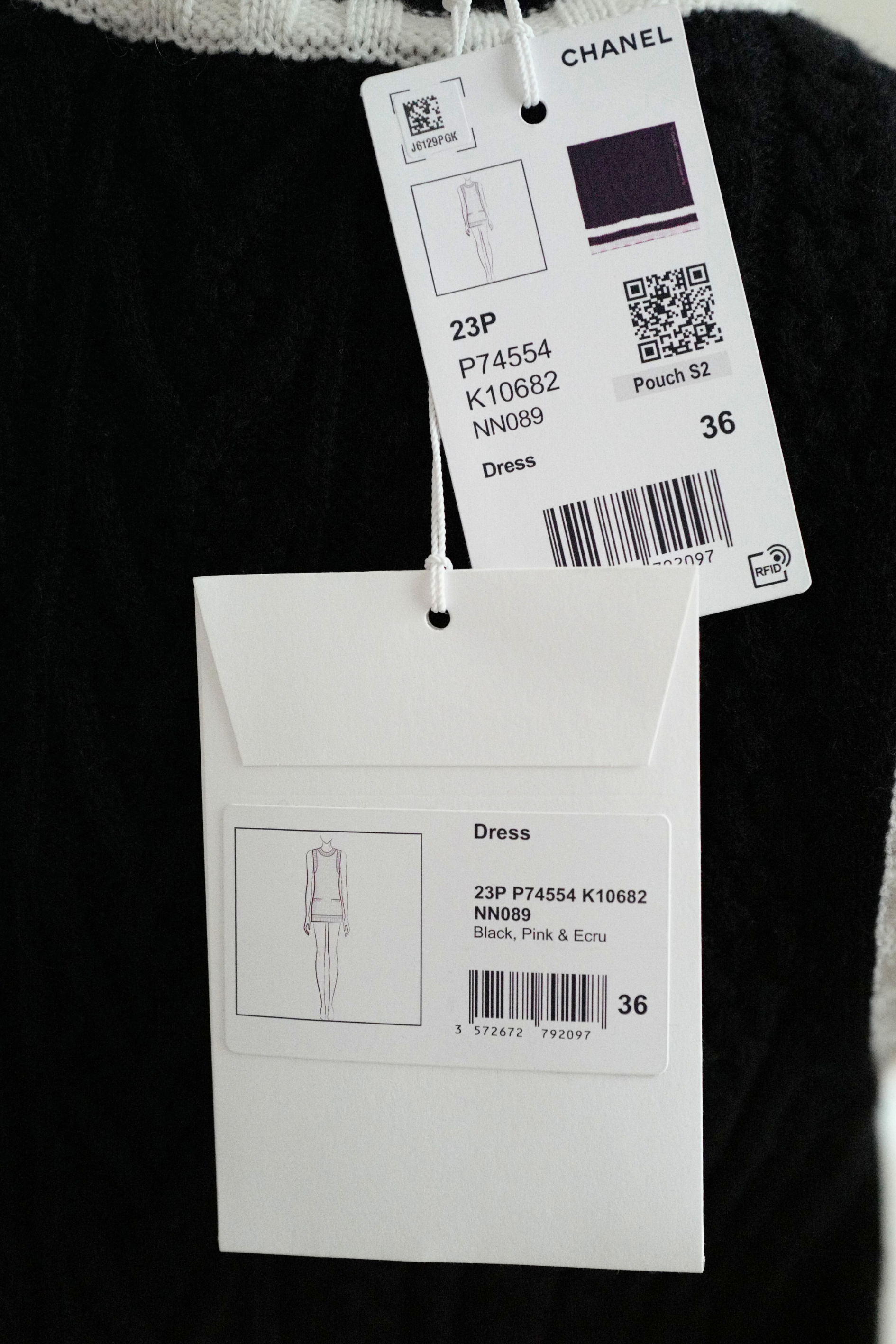 Chanel 23P RTW Tennis Knit Dress in Black, Pink and Ecru Strip Details 36