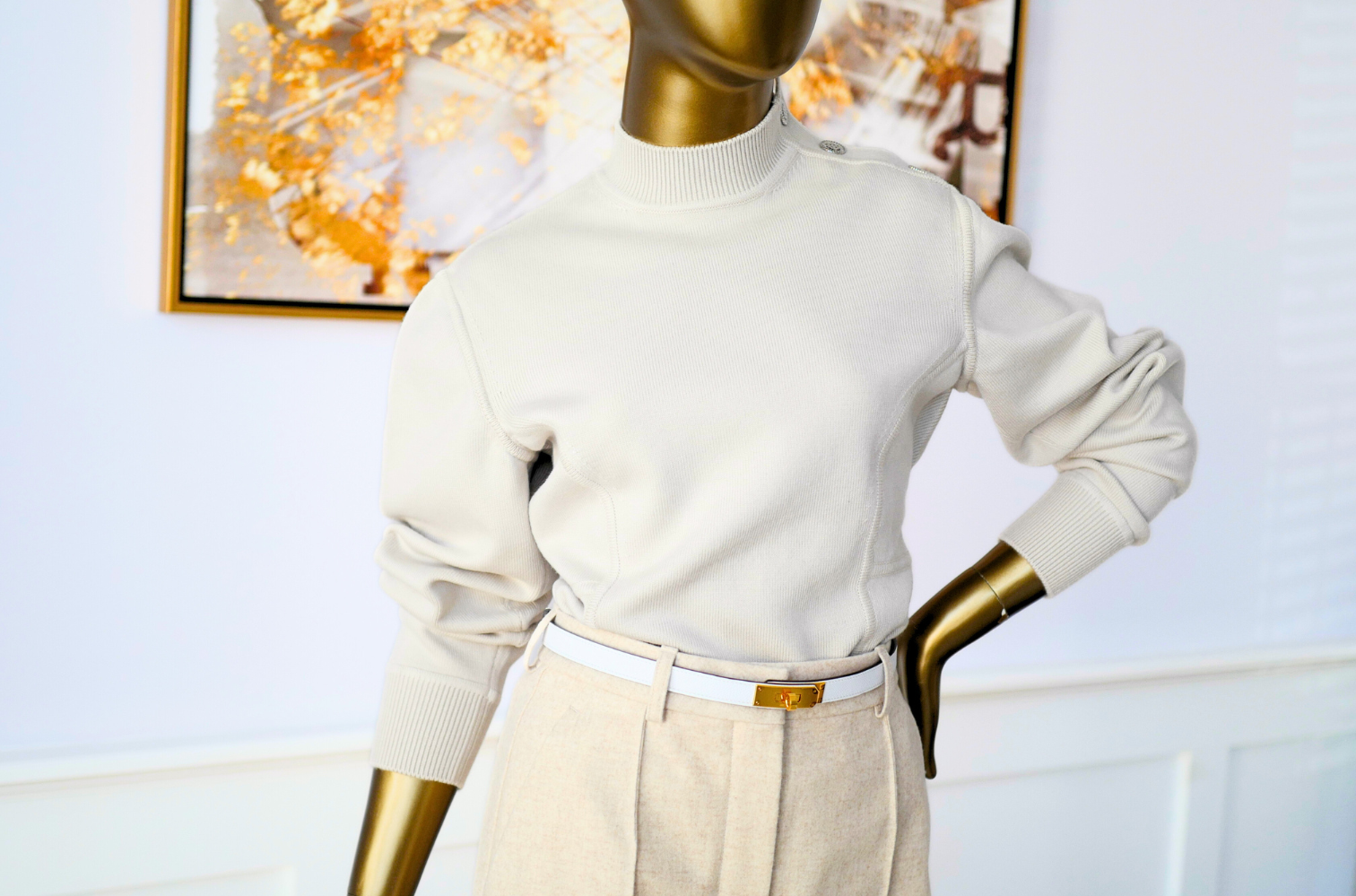 Hermès Sweater with Ferronnerie Button Details Jewel Knit Mock Neck Size 36 Beige Sable