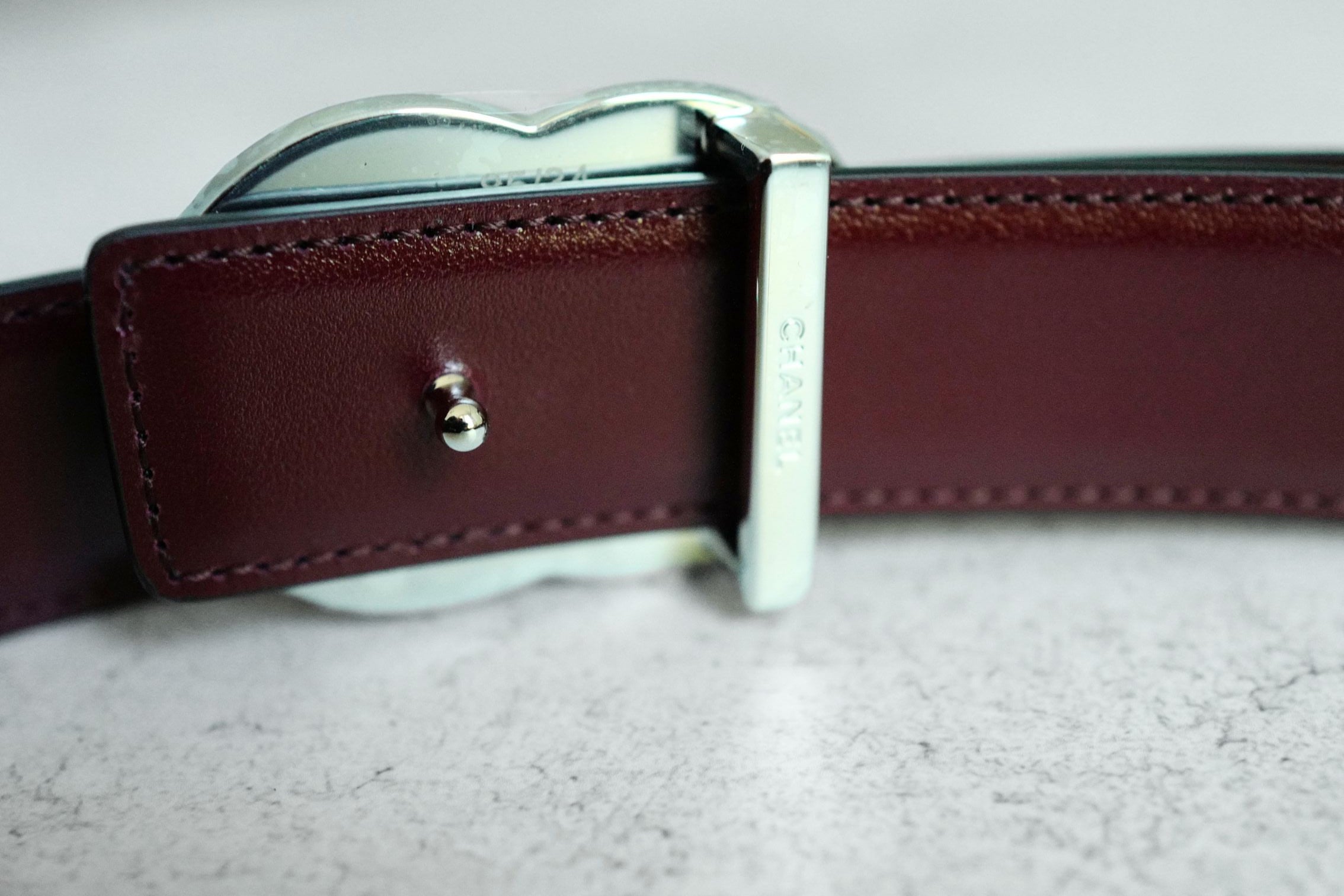 Chanel CC Reversible Belt Black Burgundy Silver Calfskin Metal Size 85