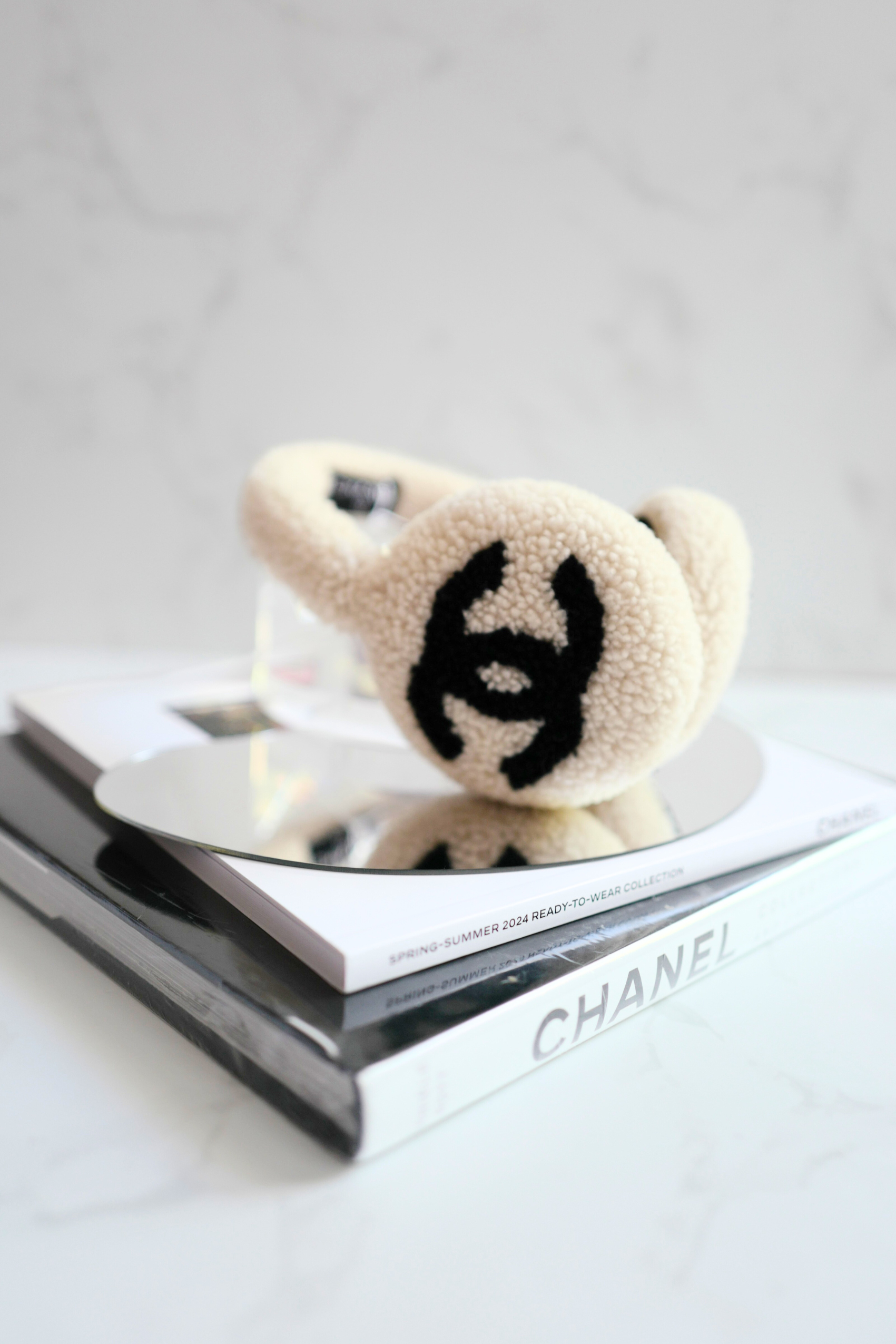 BNIB Chanel CC Earmuffs in Shearling Wool Ecru/Black