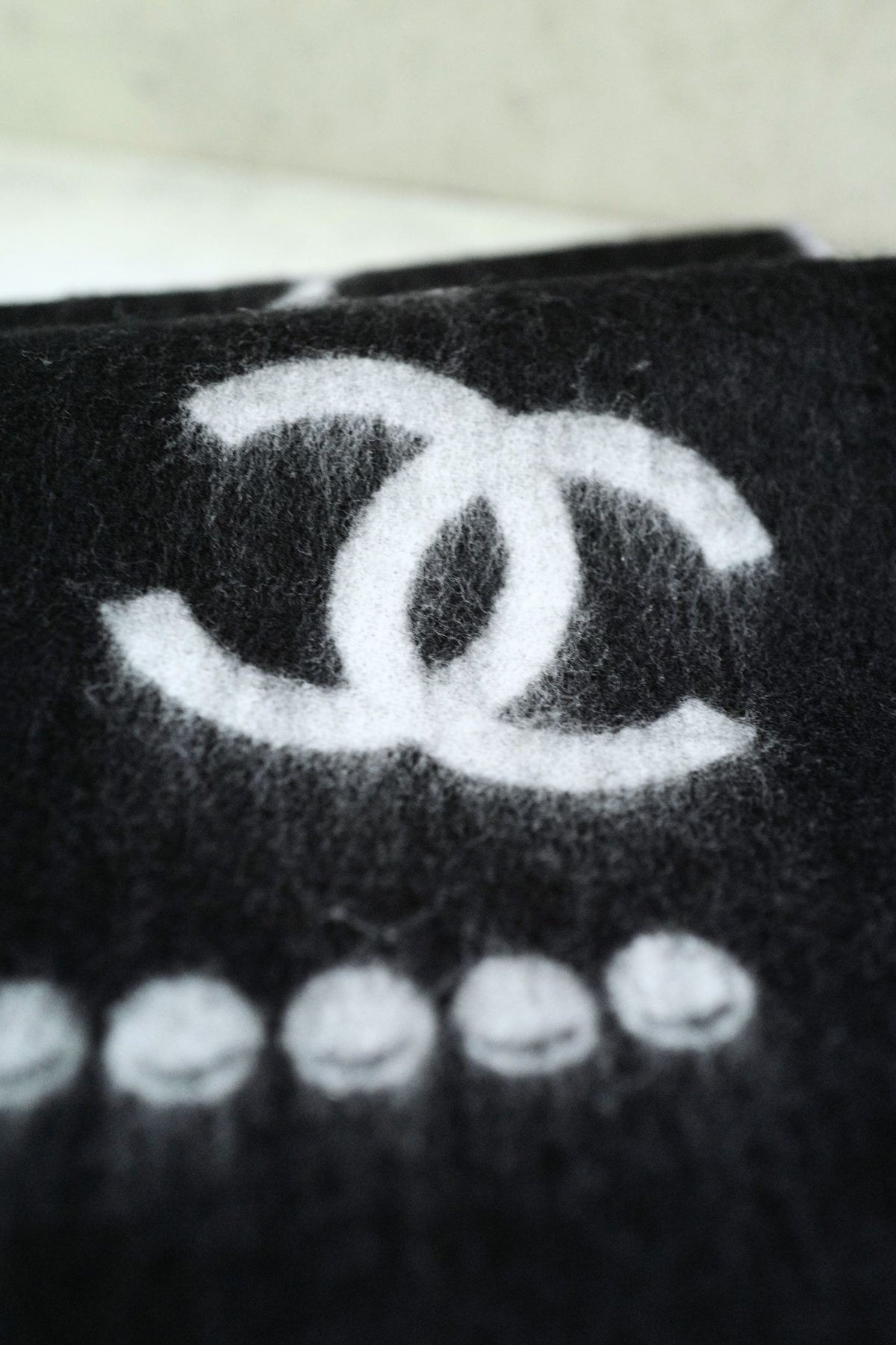 NEW Chanel 25B Black White Wool & Silk Scarf with Pearl Decoration