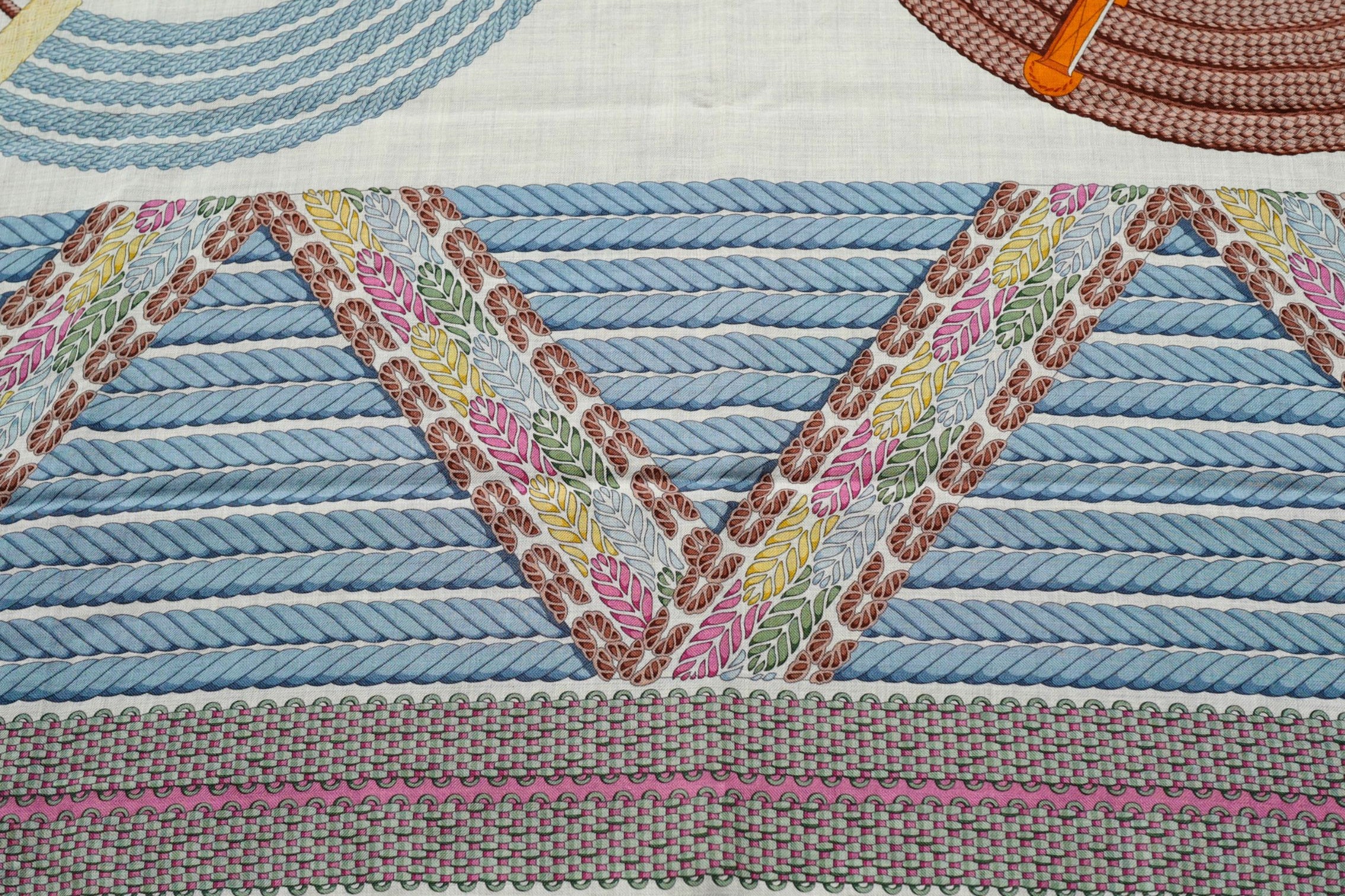 Hermès Dressage Tressage Shawl 140 Bleu Ciel/Rose Rouge Cashmere Silk
