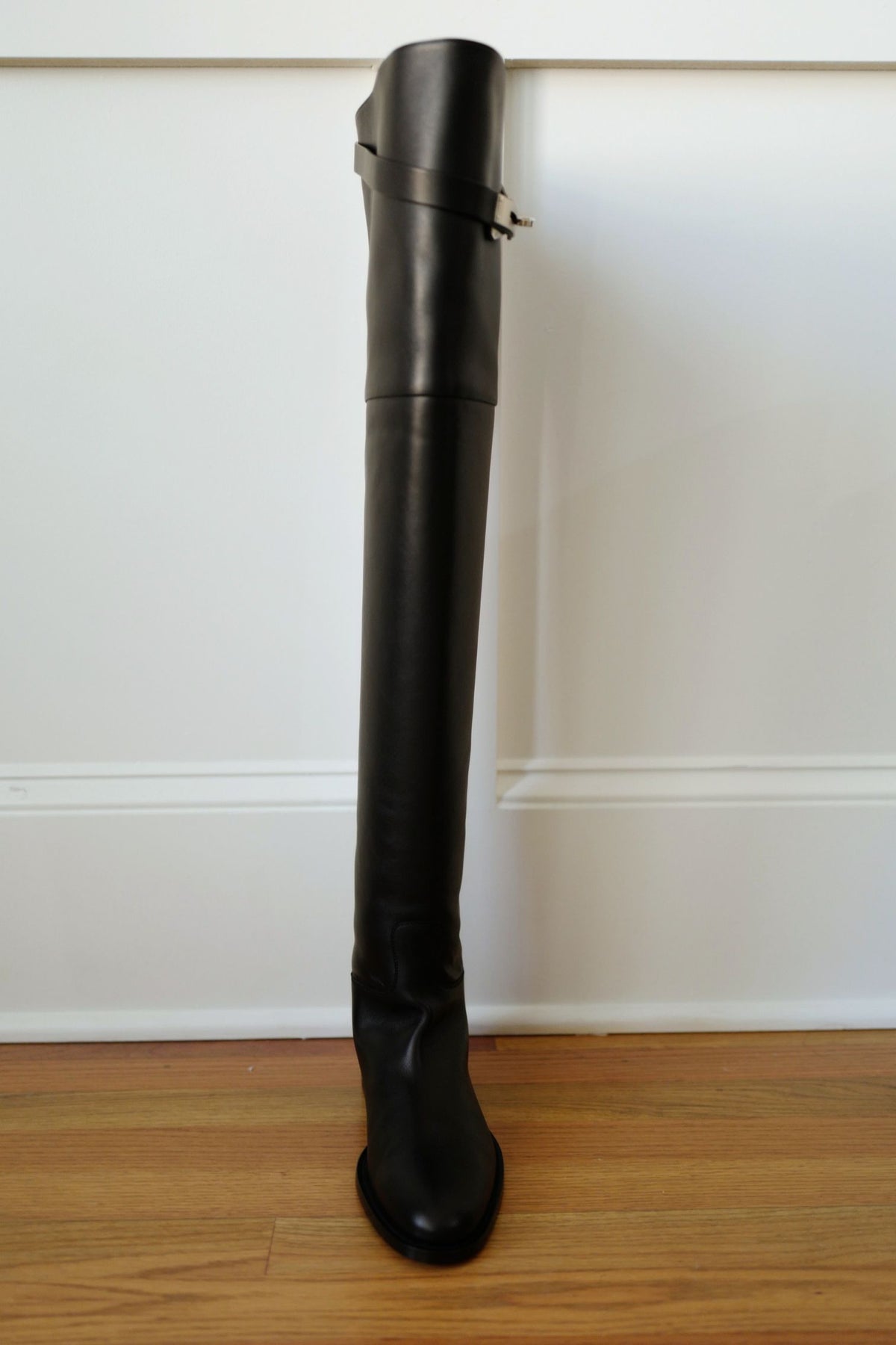 Hermes Thigh High Boots Noir Calfskin Palladium Kelly Buckle Size 38