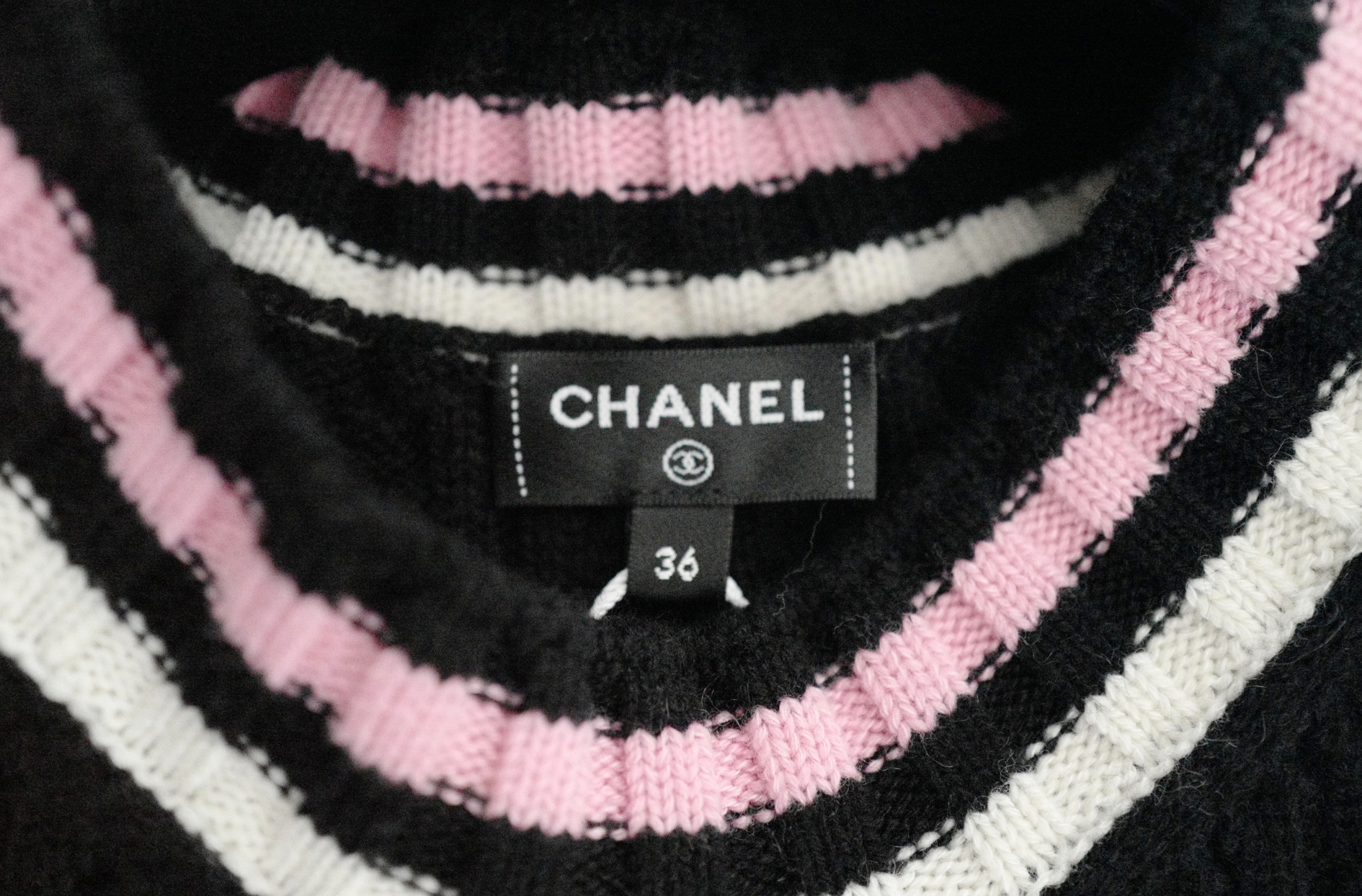Chanel 23P RTW Tennis Knit Dress in Black, Pink and Ecru Strip Details 36