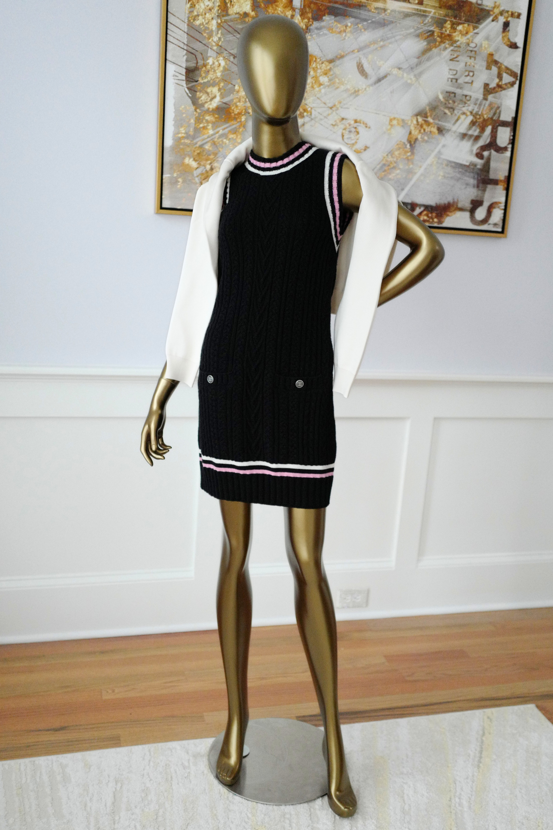 Chanel 23P RTW Tennis Knit Dress in Black, Pink and Ecru Strip Details 36