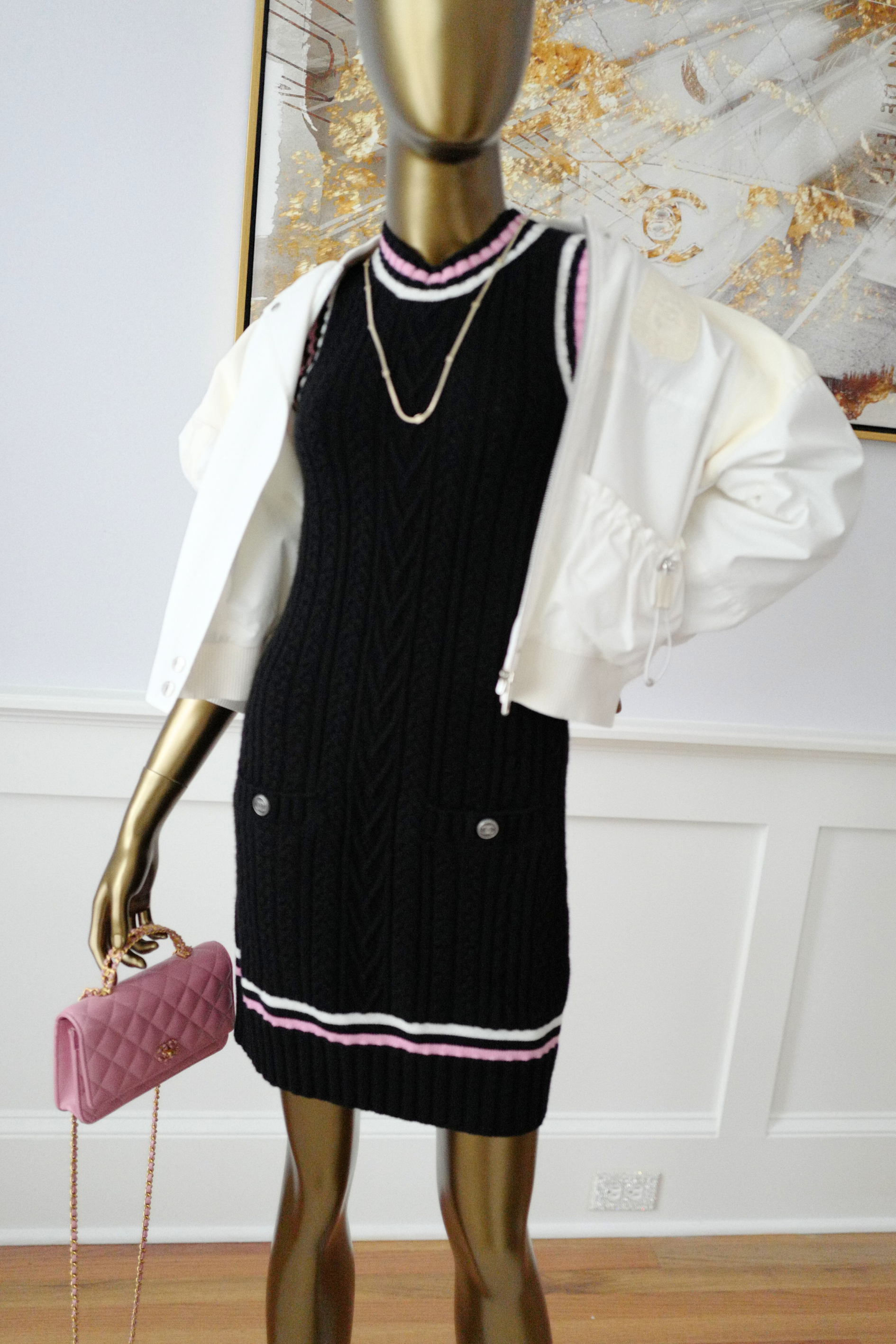 Chanel 23P RTW Tennis Knit Dress in Black, Pink and Ecru Strip Details 36