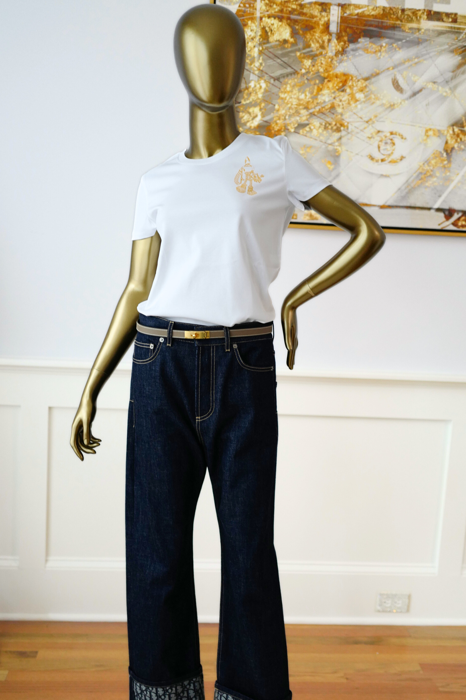 New Hermès Women’s Printed Straight T-Shirt White Blanc Size 34