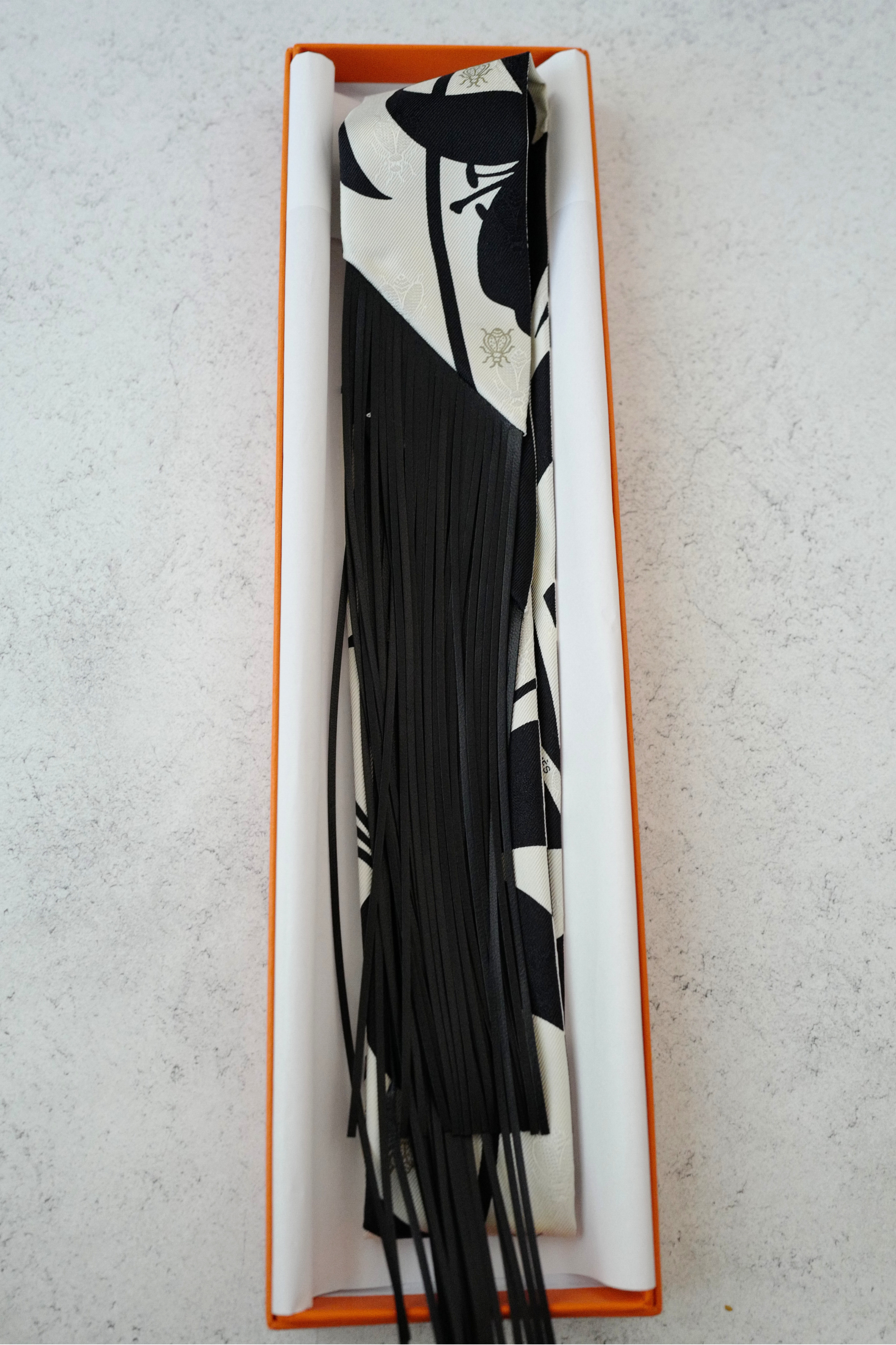 NEW Hermès Twilly Scarf Bouquet Final Leather Fringe Crème/Noir