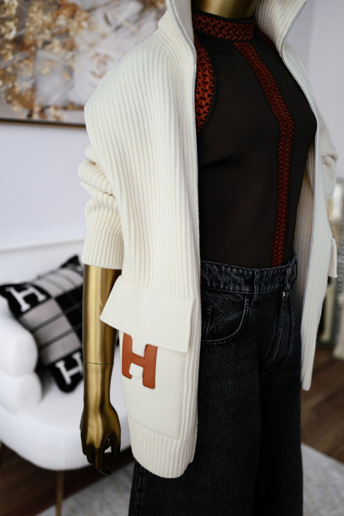 NEW Hermes Blouson Cardigan Blanc Naturel Wool Knit H Leather Pocket Size 34