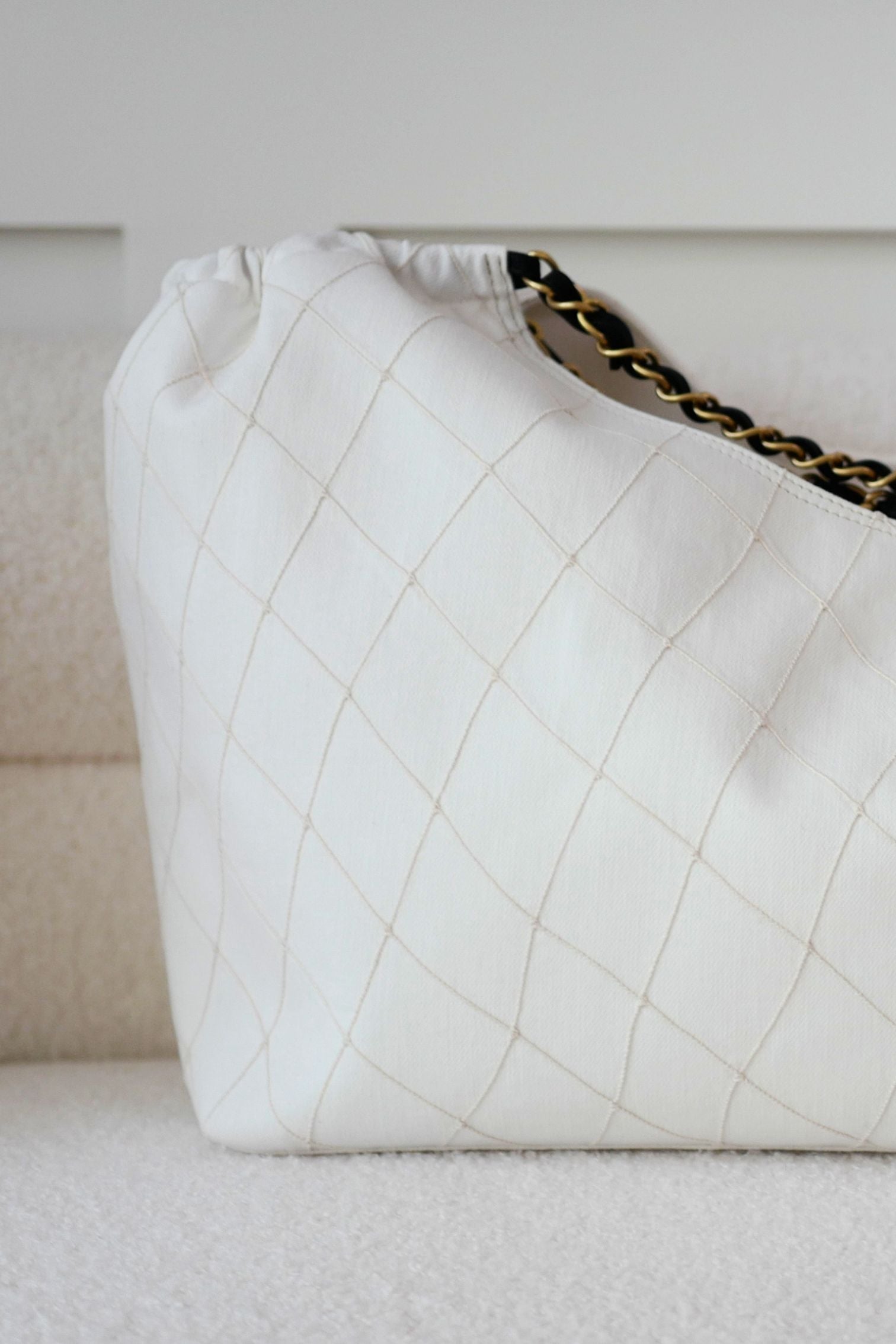 Chanel 26M Coco Beach Small Tote White Black Denim Calfskin Gold Hardware