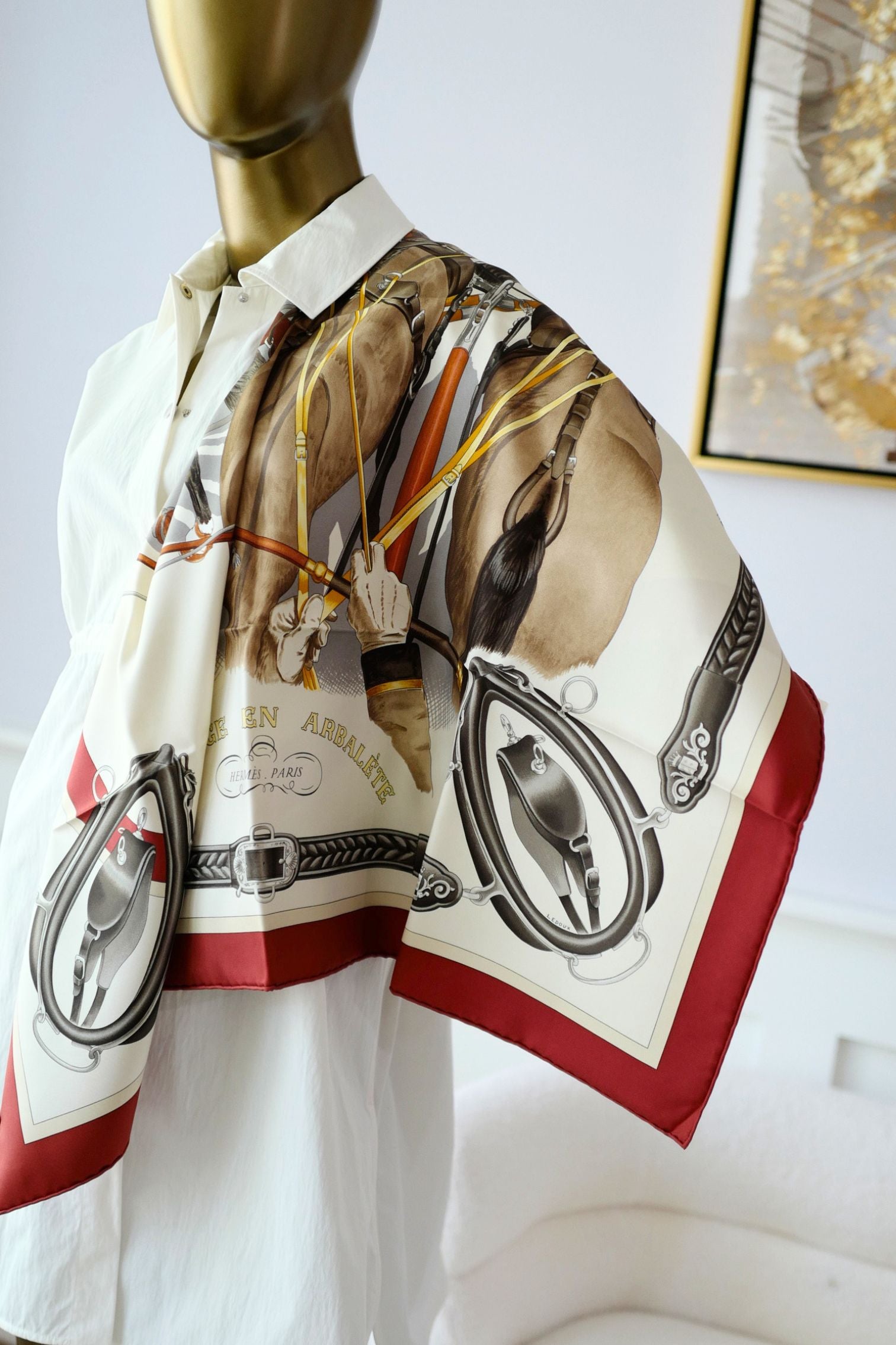 Hermès Scarf Attelage en Arbalete Forever Rouge Cuit/Grège/Alezan 100% Silk 90
