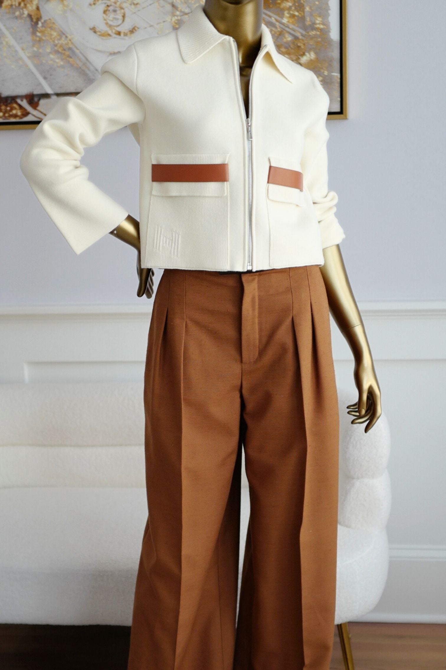 Hermès Woman Outdoor Jacket with Pockets Blanc Naturel Compact Knit Size 34