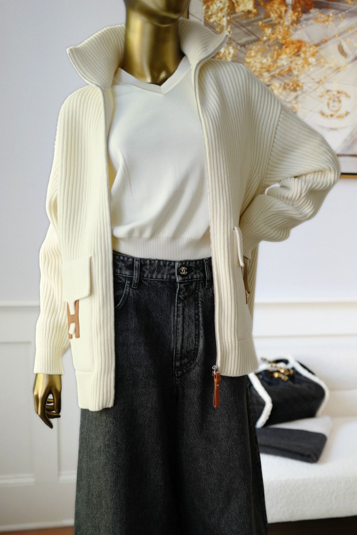 NEW Hermes Blouson Cardigan Wool Knit Blanc Naturel Size 34