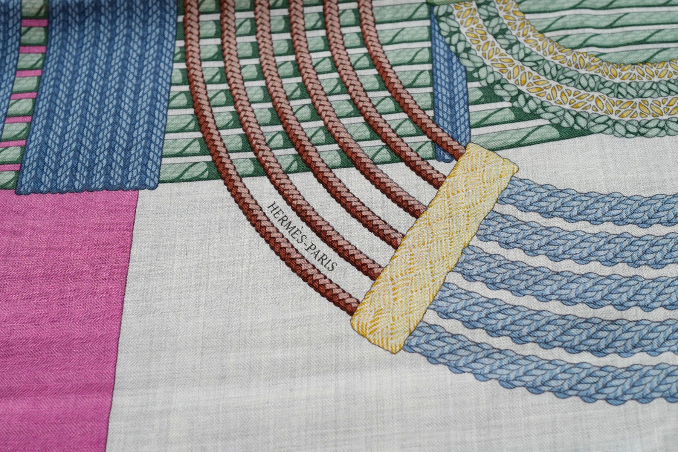 Hermès Dressage Tressage Shawl 140 Bleu Ciel/Rose Rouge Cashmere Silk