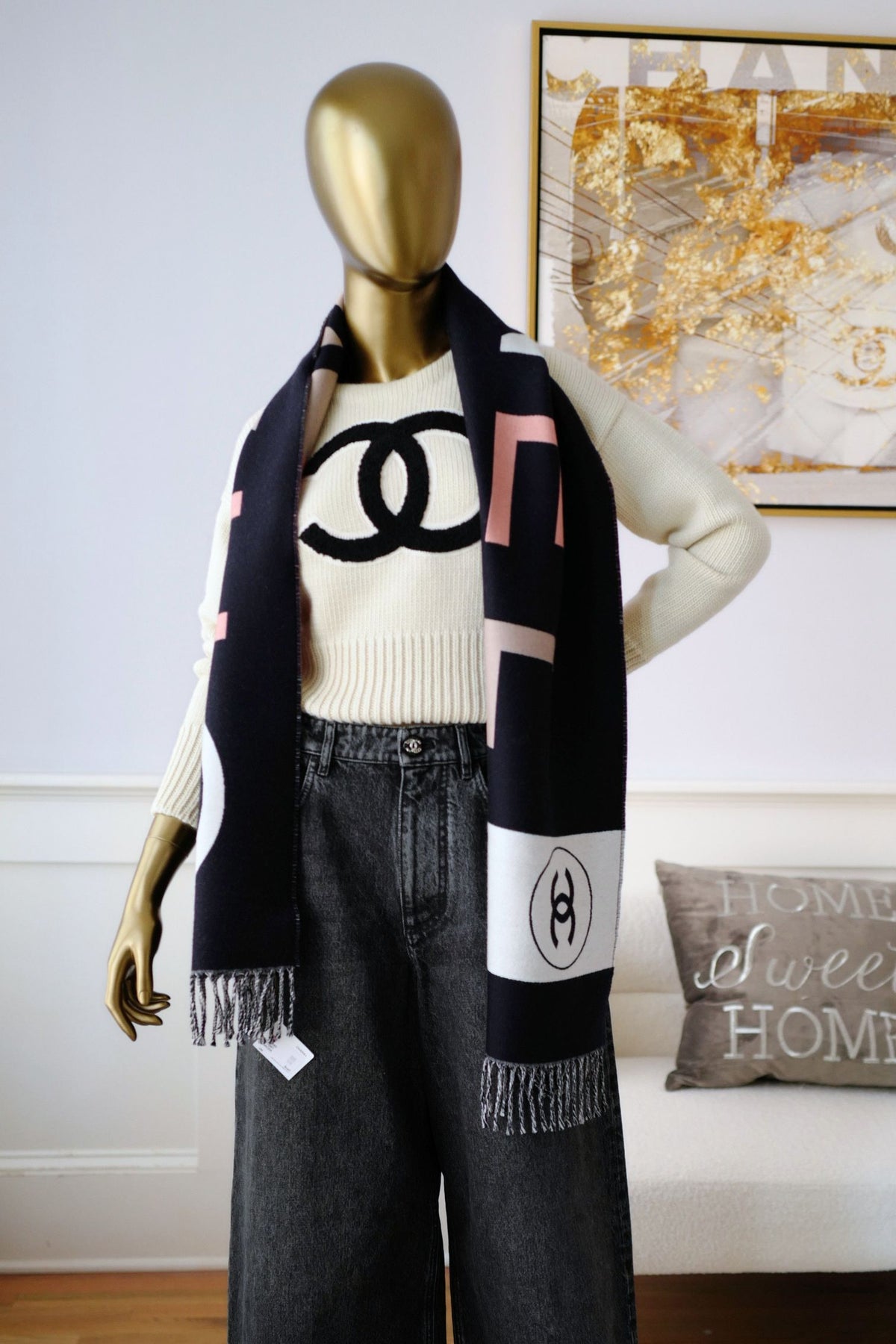 NEW Chanel 26N Pullover Sweater Wool & Cashmere Ecru Black CC Logo Size 36