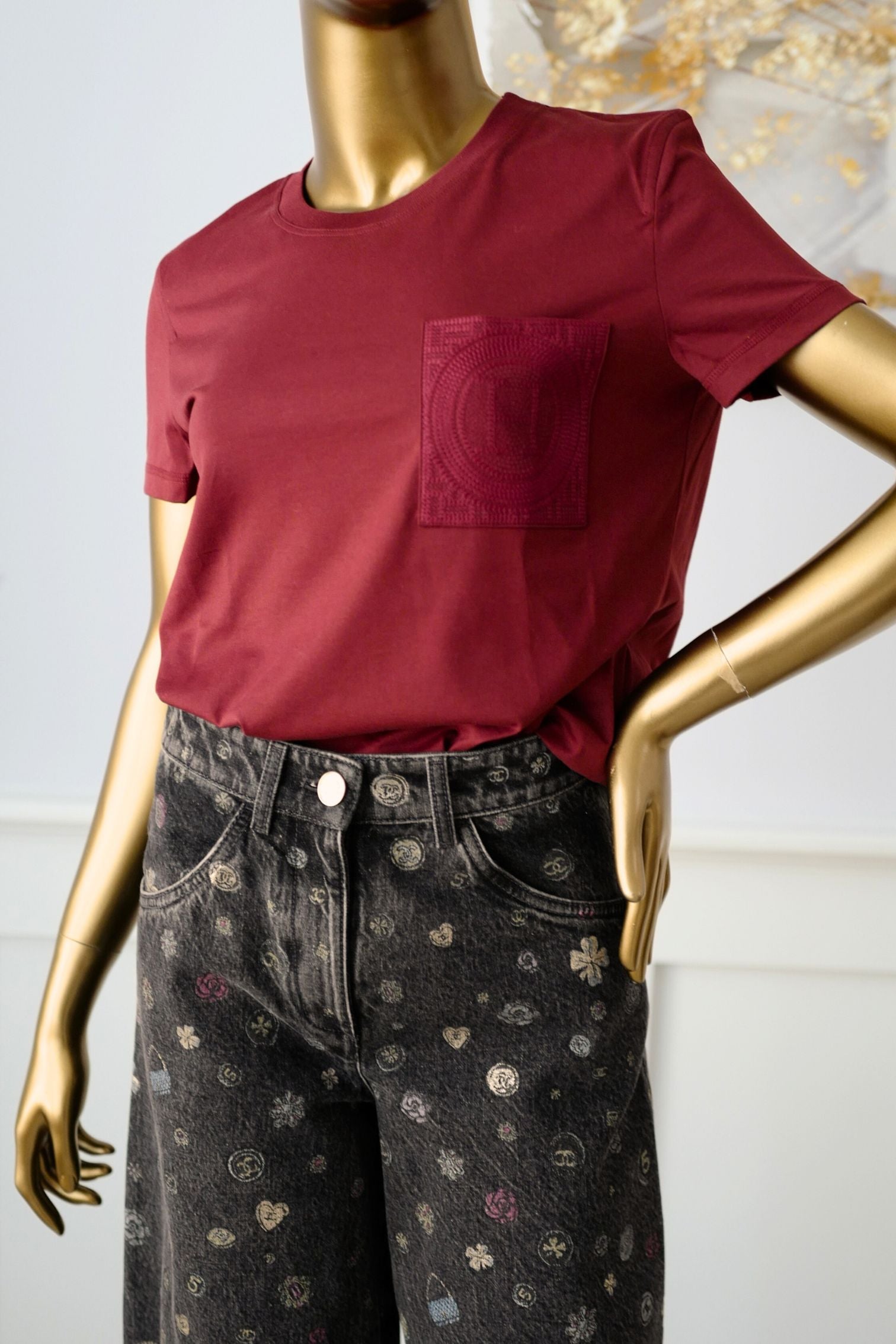 Hermès Embroidered Pocket T-Shirt Rouge Carmin Cotton Crewneck Size 36