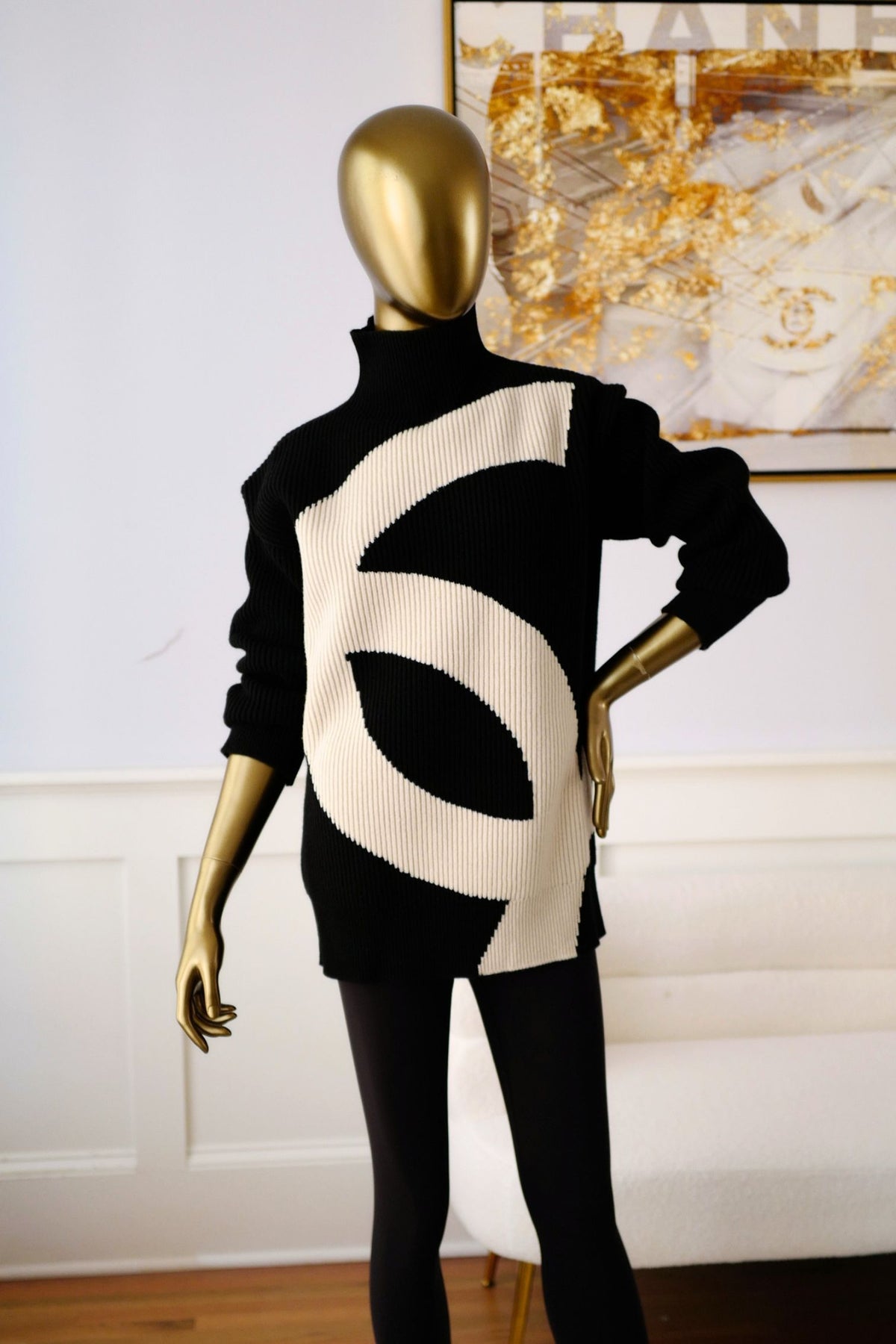 NEW Chanel 26N Coco Neige Sweater Pullover Black Ecru Wool Cashmere Size 34