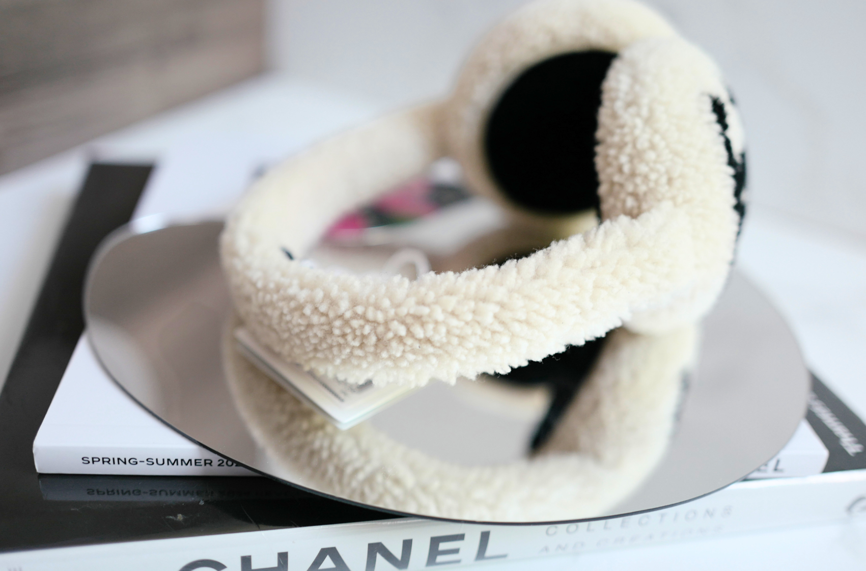 BNIB Chanel CC Earmuffs in Shearling Wool Ecru/Black