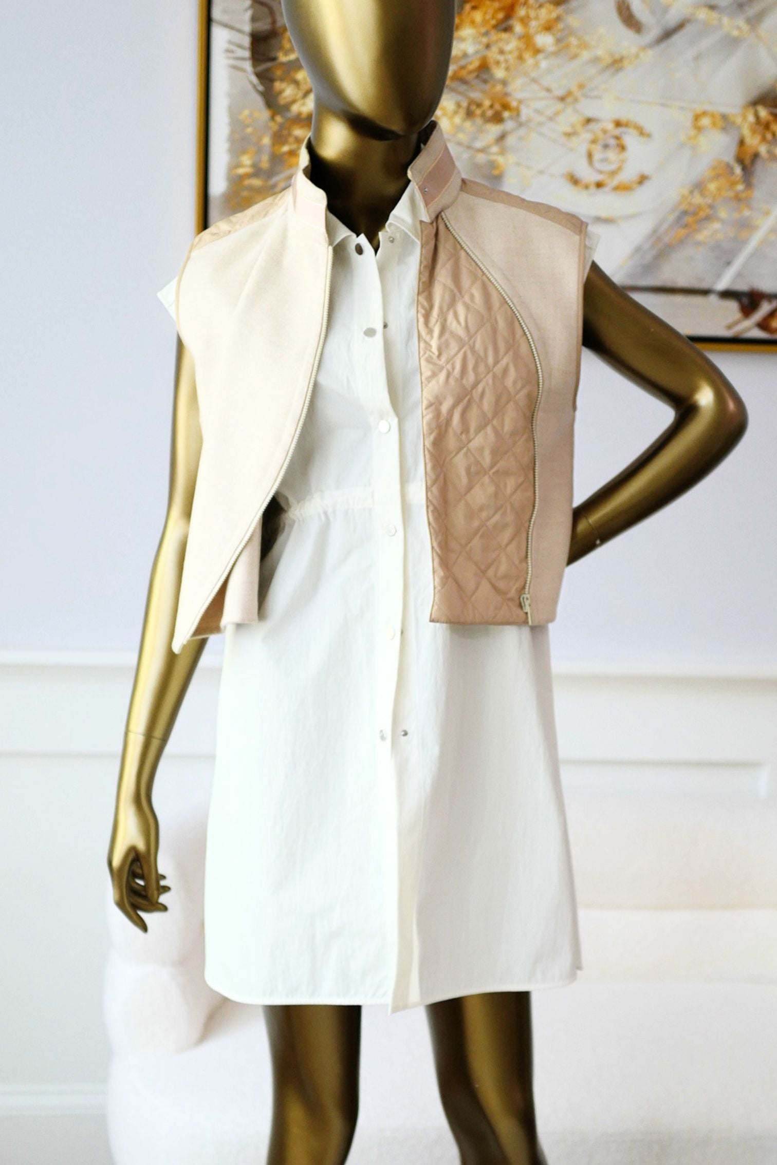 Hermès Blouson Sans Manches Mix Matière Blanc Marbre Wool Size 36