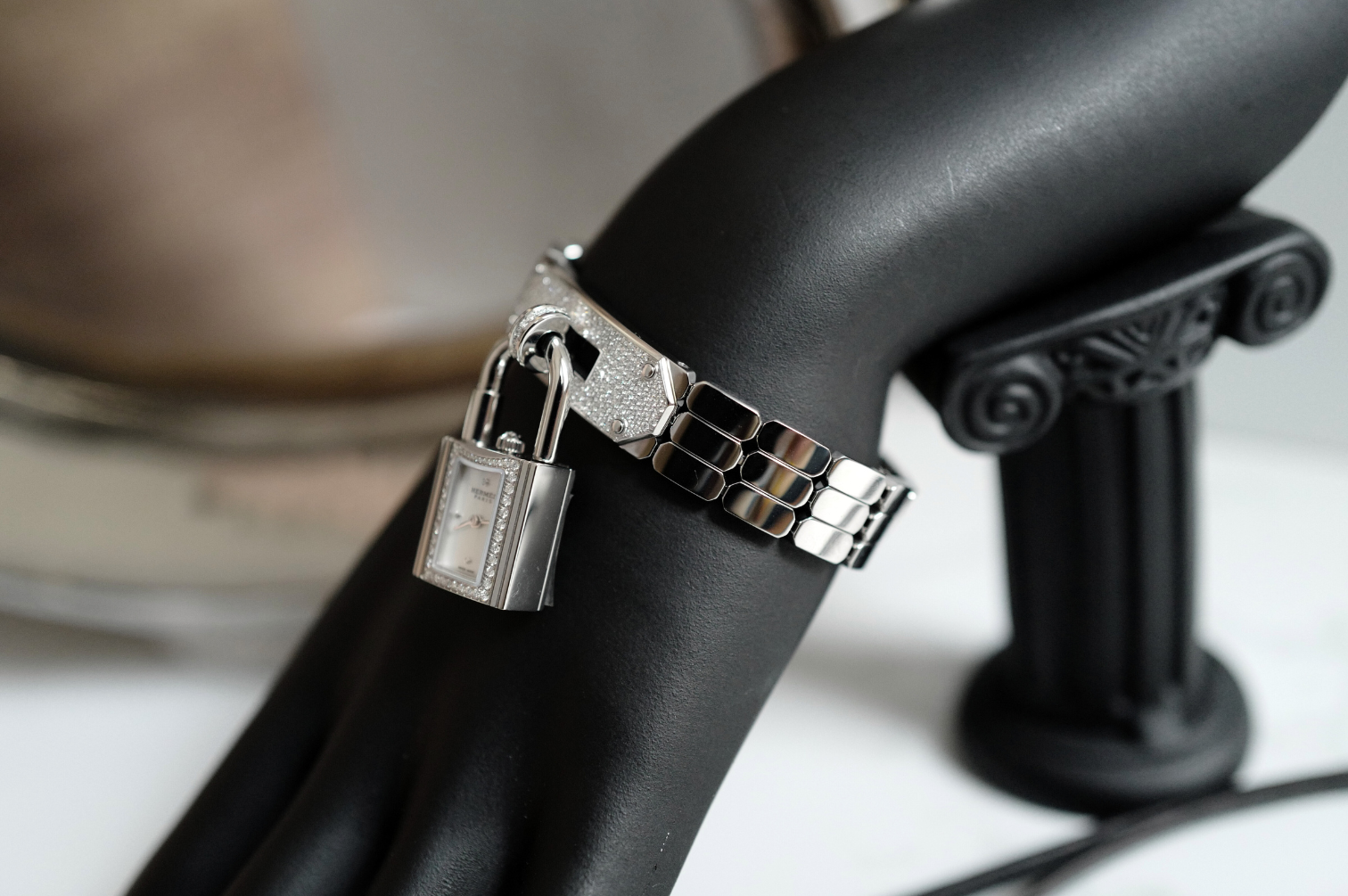 BNIB Hermes Kelly Watch Mini Model, 16 mm, Diamond Stainless Steel Bracelet