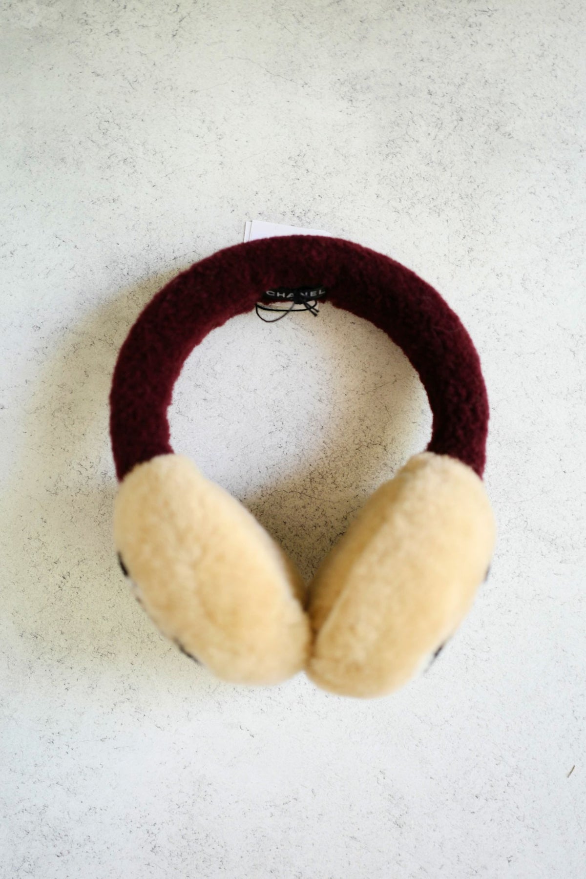 NEW Chanel 26N Coco Neige Earmuffs CC Logo Lamb Shearling in Beige and Burgundy