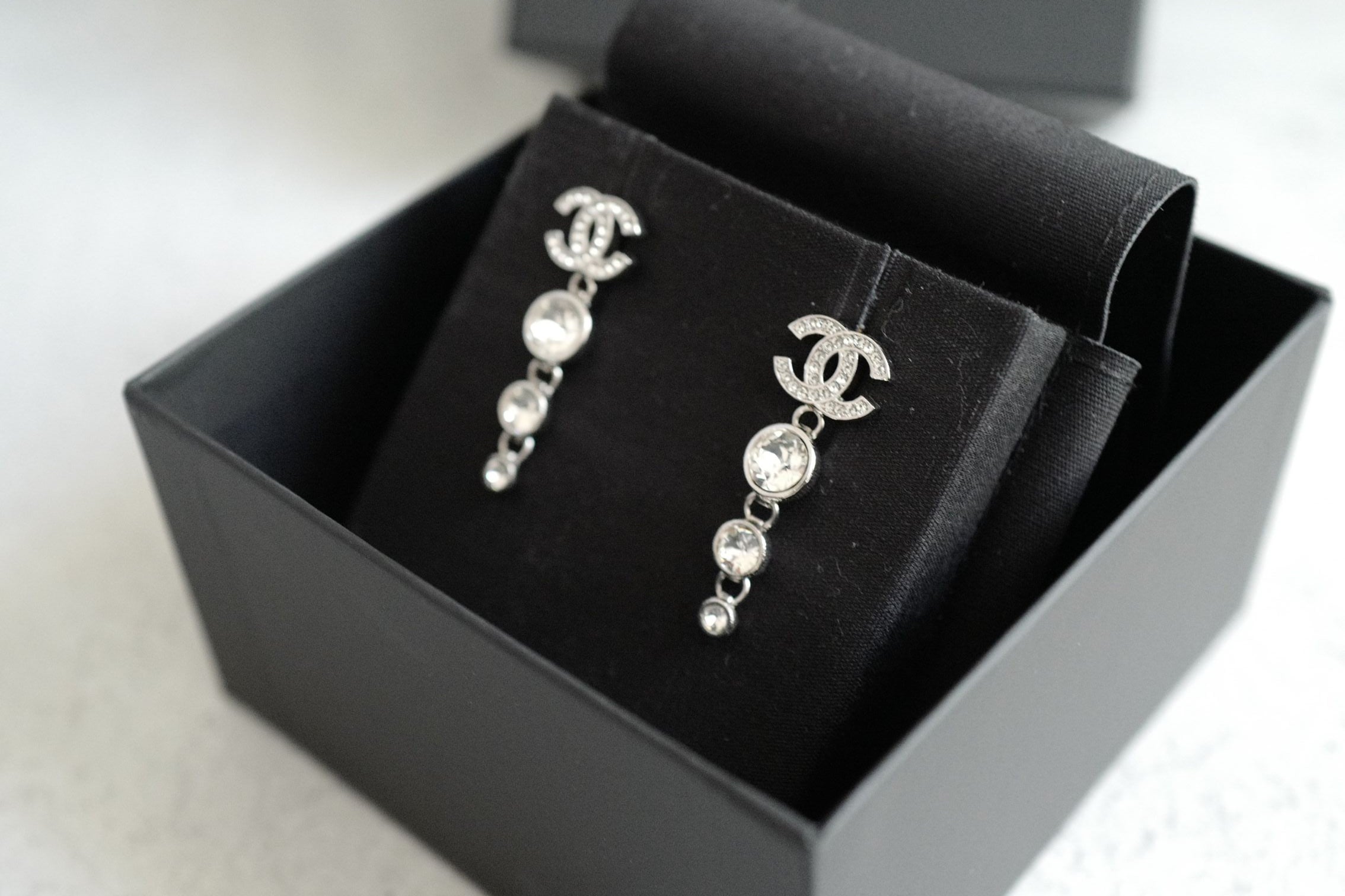 Chanel Drop CC Earrings 22K in Pearly White & Crystal BNIB