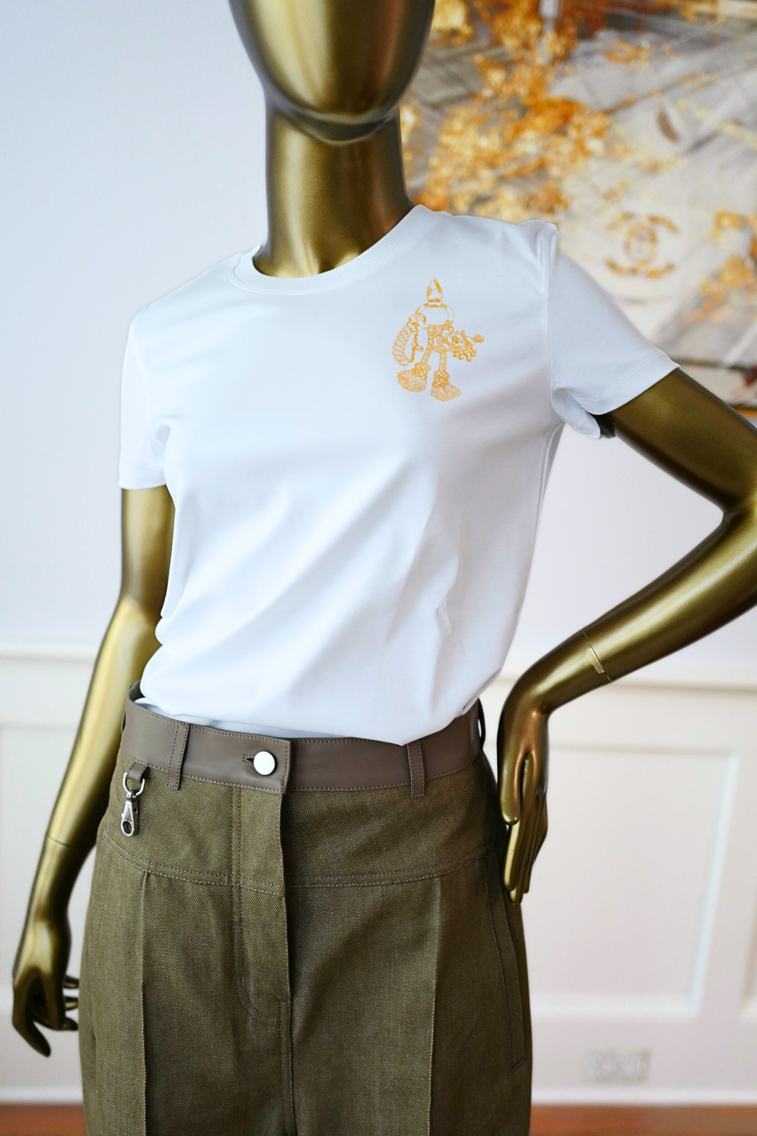 New Hermès Women’s Printed Straight T-Shirt White Blanc Size 34
