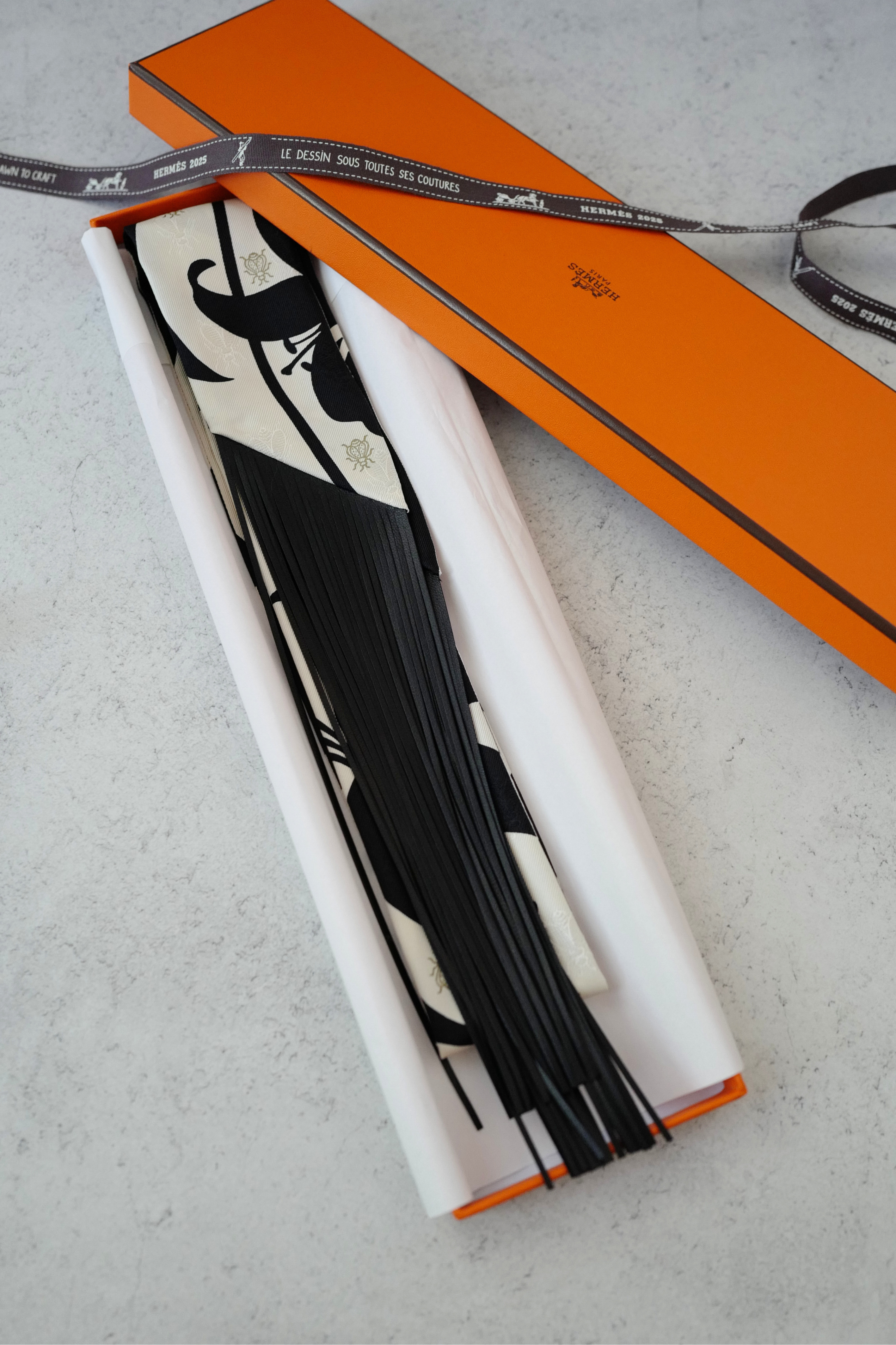 NEW Hermès Twilly Scarf Bouquet Final Leather Fringe Crème/Noir