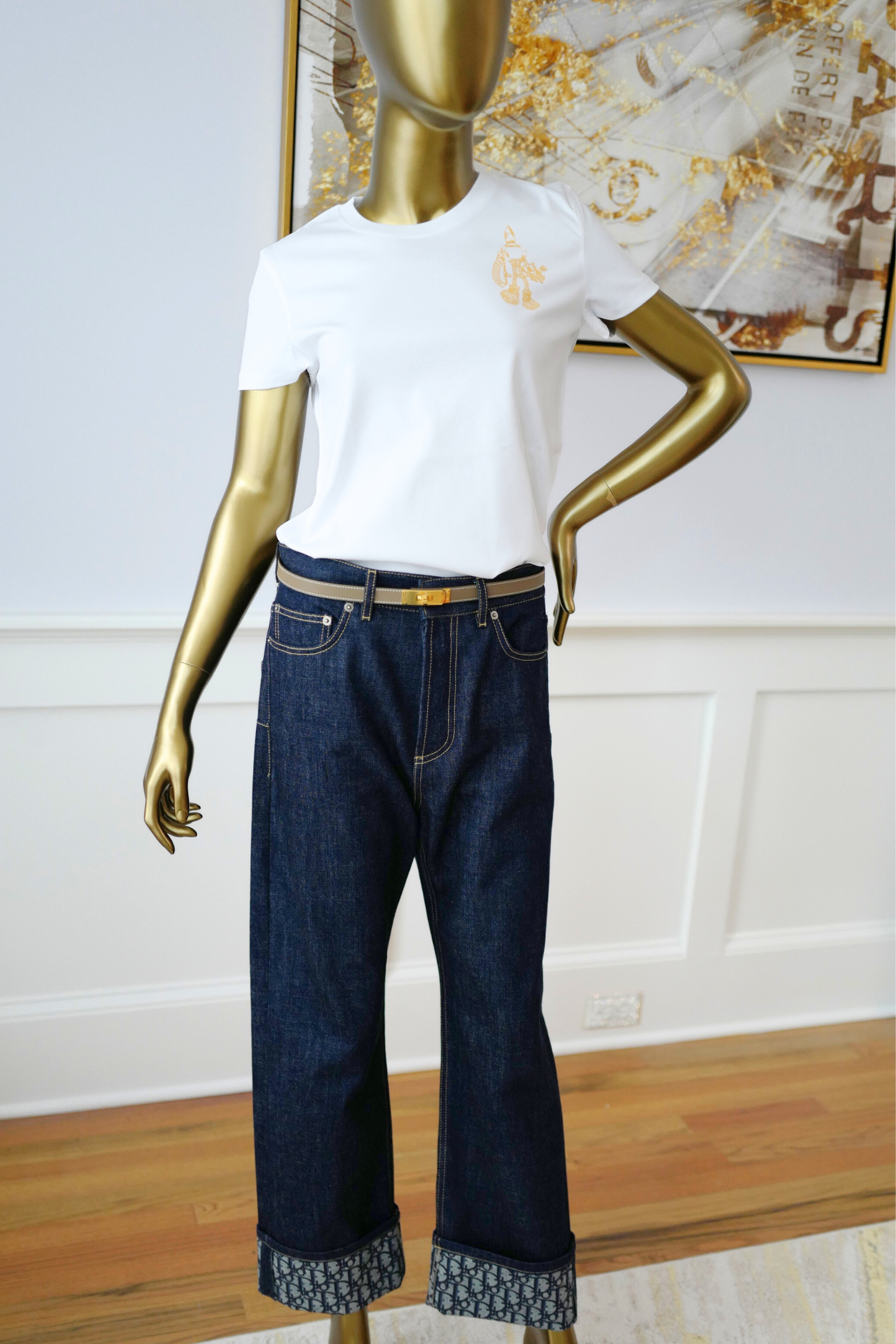 New Hermès Women’s Printed Straight T-Shirt White Blanc Size 34