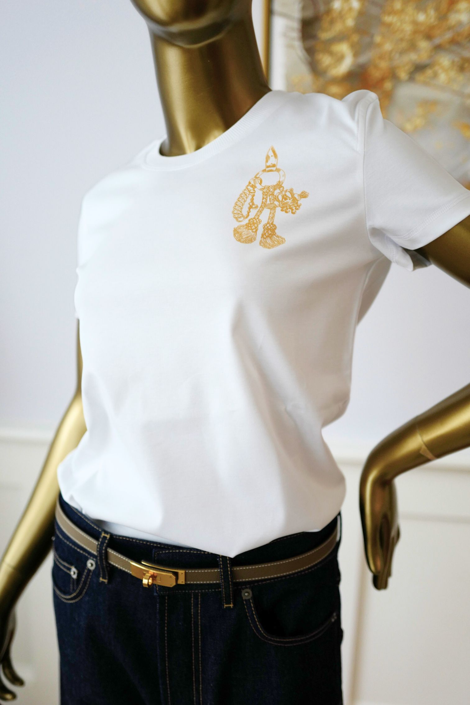 New Hermès Women’s Printed Straight T-Shirt White Blanc Size 34