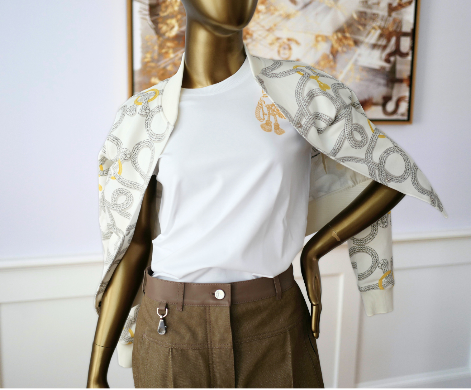 New Hermès Women’s Printed Straight T-Shirt White Blanc Size 34