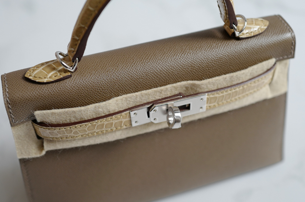 BNIB Hermes Mini Kelly touch Madame calfskin pol alli Etoupe beige phw