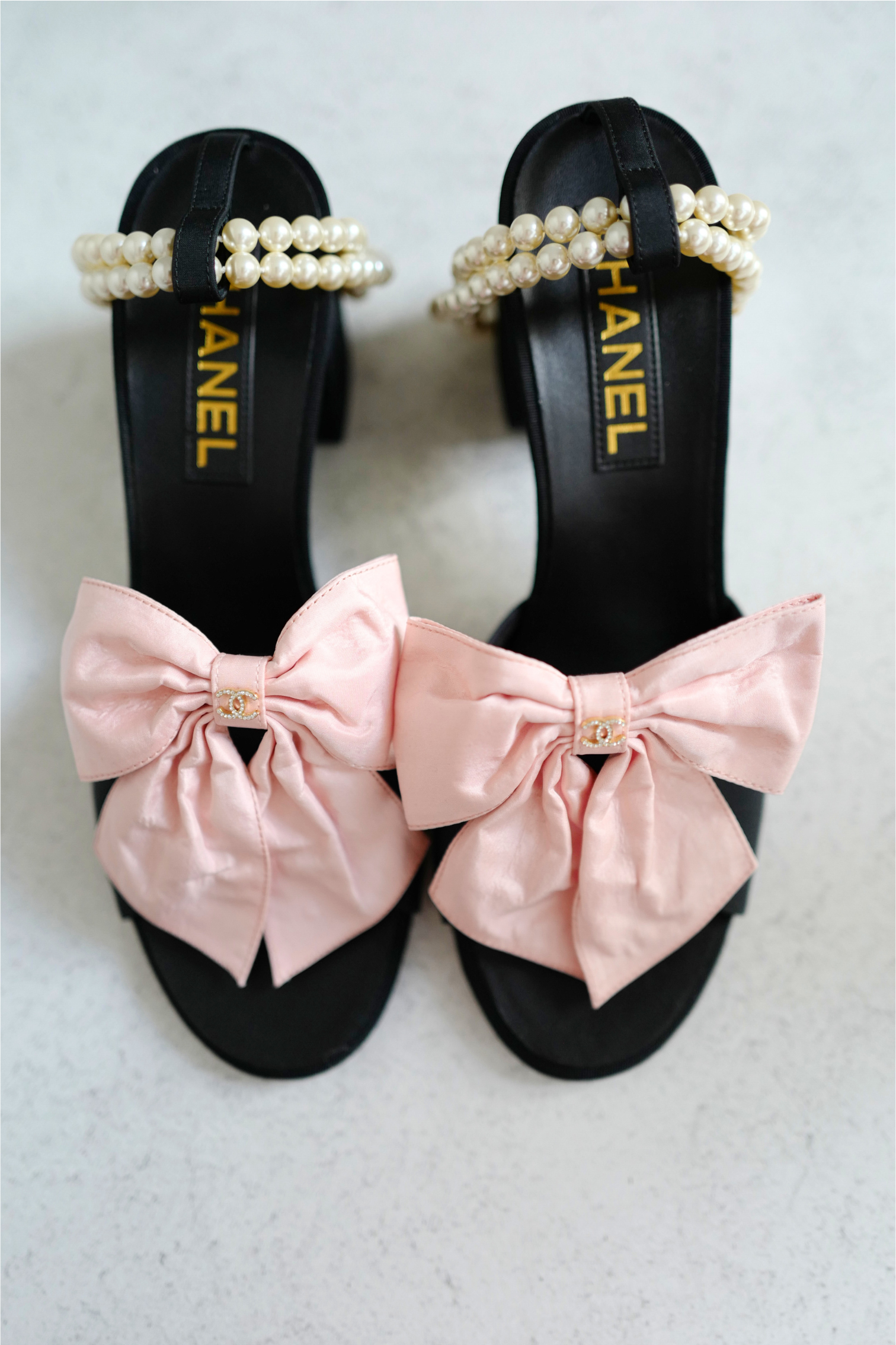 BNIB Chanel 24A Pink Bow Heels with Pearl Strap size 37.5