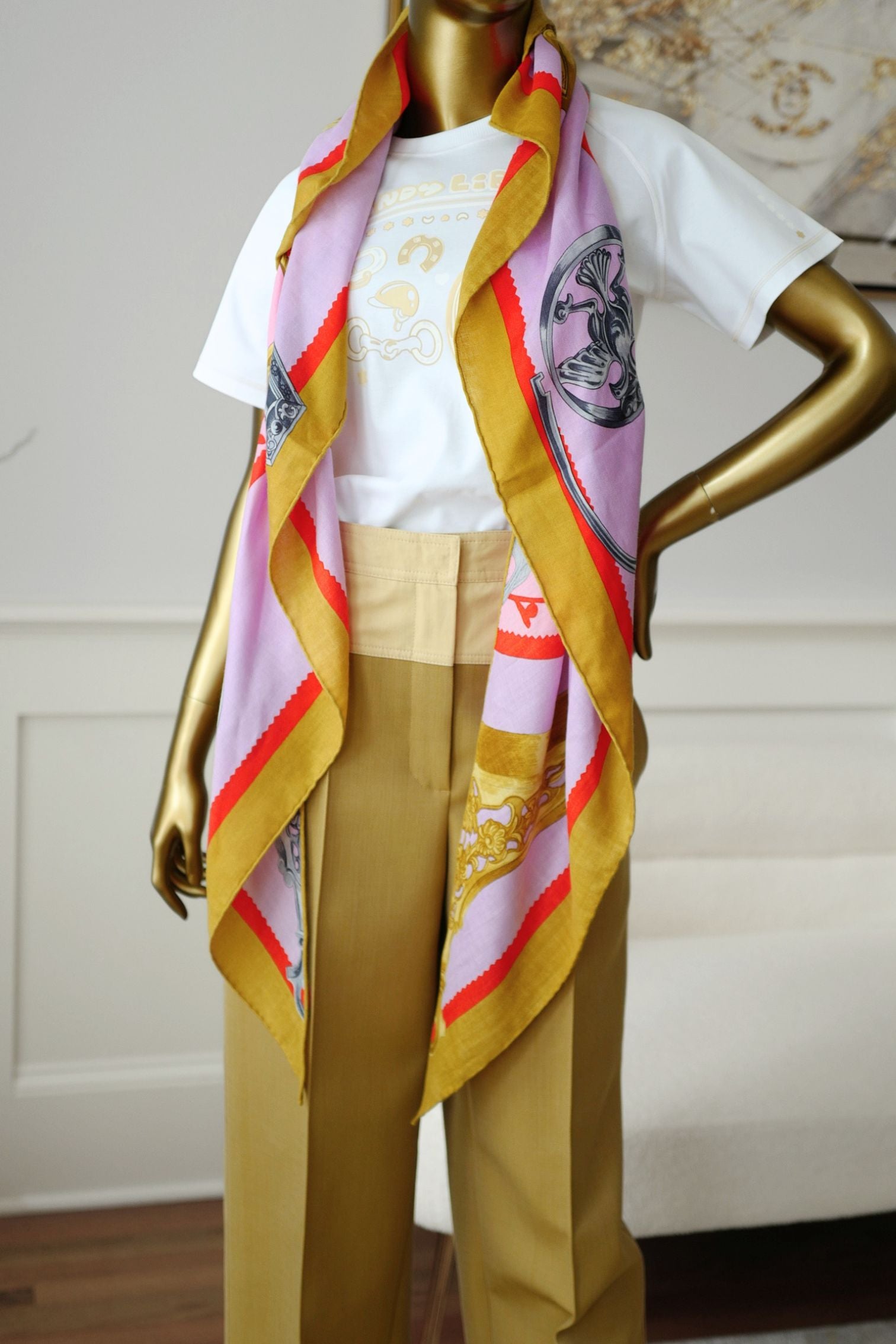 Hermès Etriers Triangle Scarf Pink Multicolor Cashmere Silk