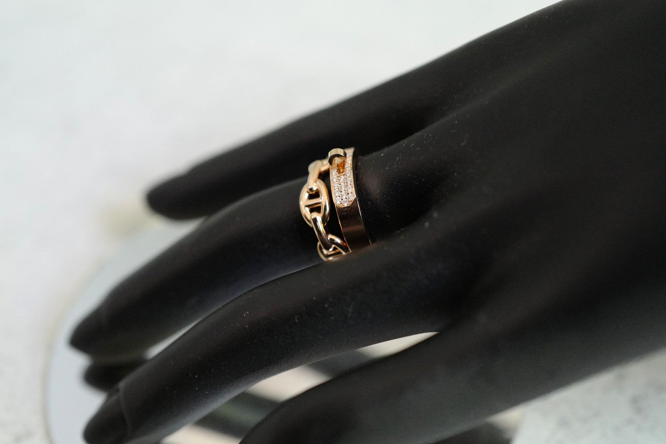 Hermès Kelly Alchimie Double Tour Ring 18K Rose Gold 32 Diamonds Size 53