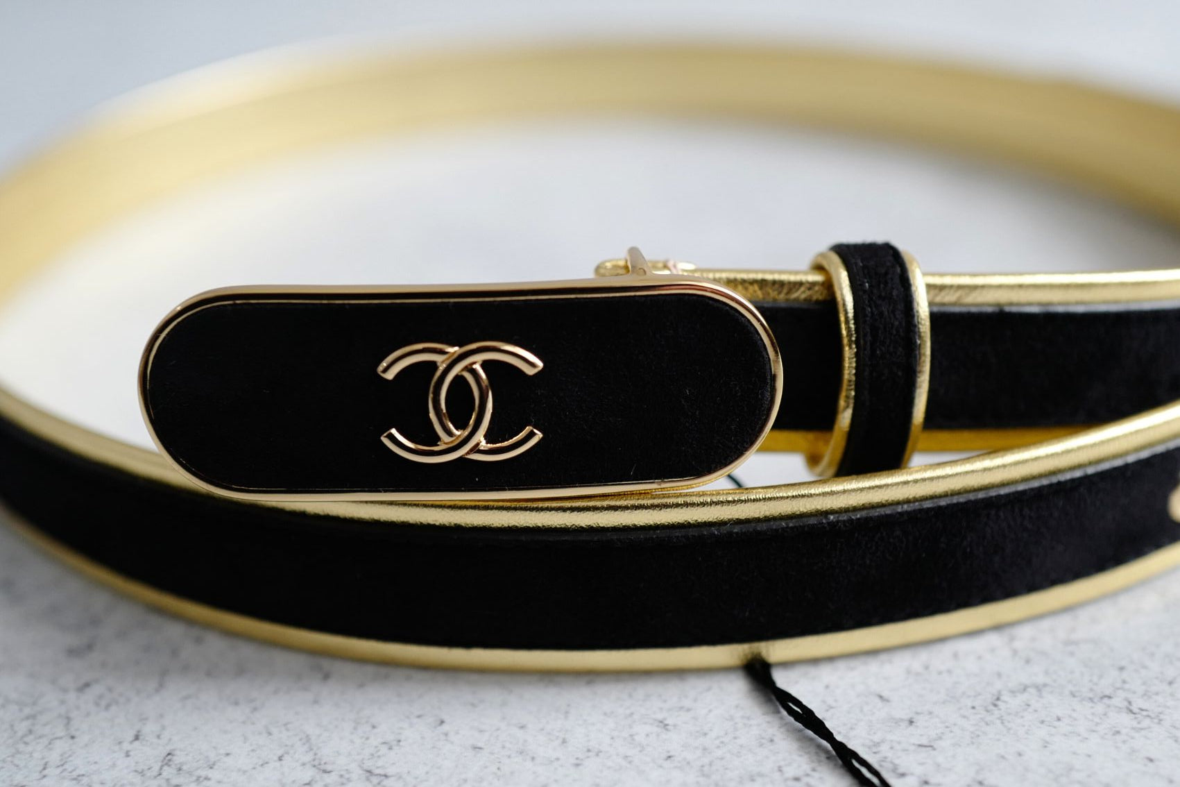 Chanel 24S Womens Leather Belt in Goatskin, Lambskin & Metal Black & Gold 80