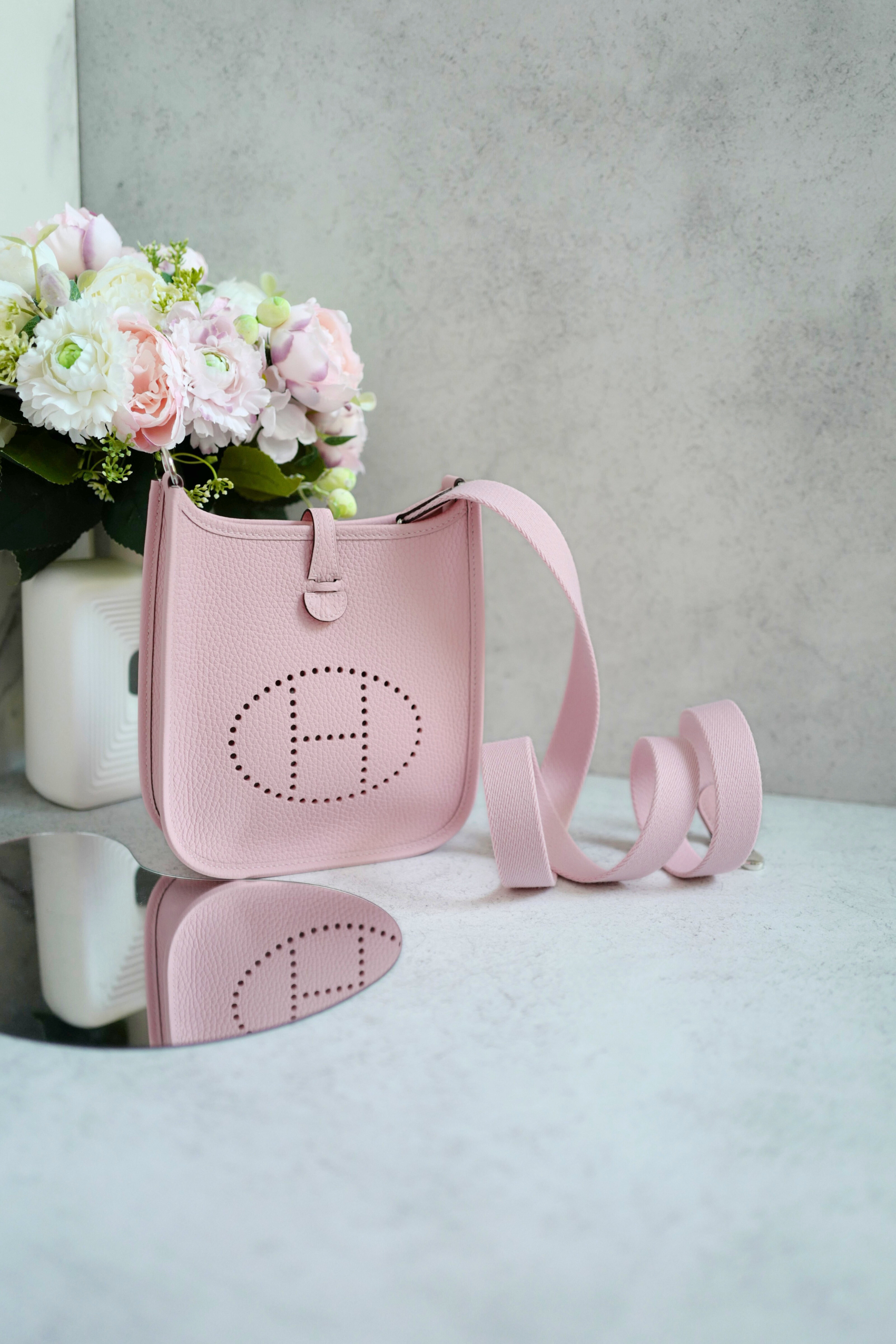 BNIB Hermès Mini Evelyne Bag Rose Sakura Clemence Leather Palladium Hardware